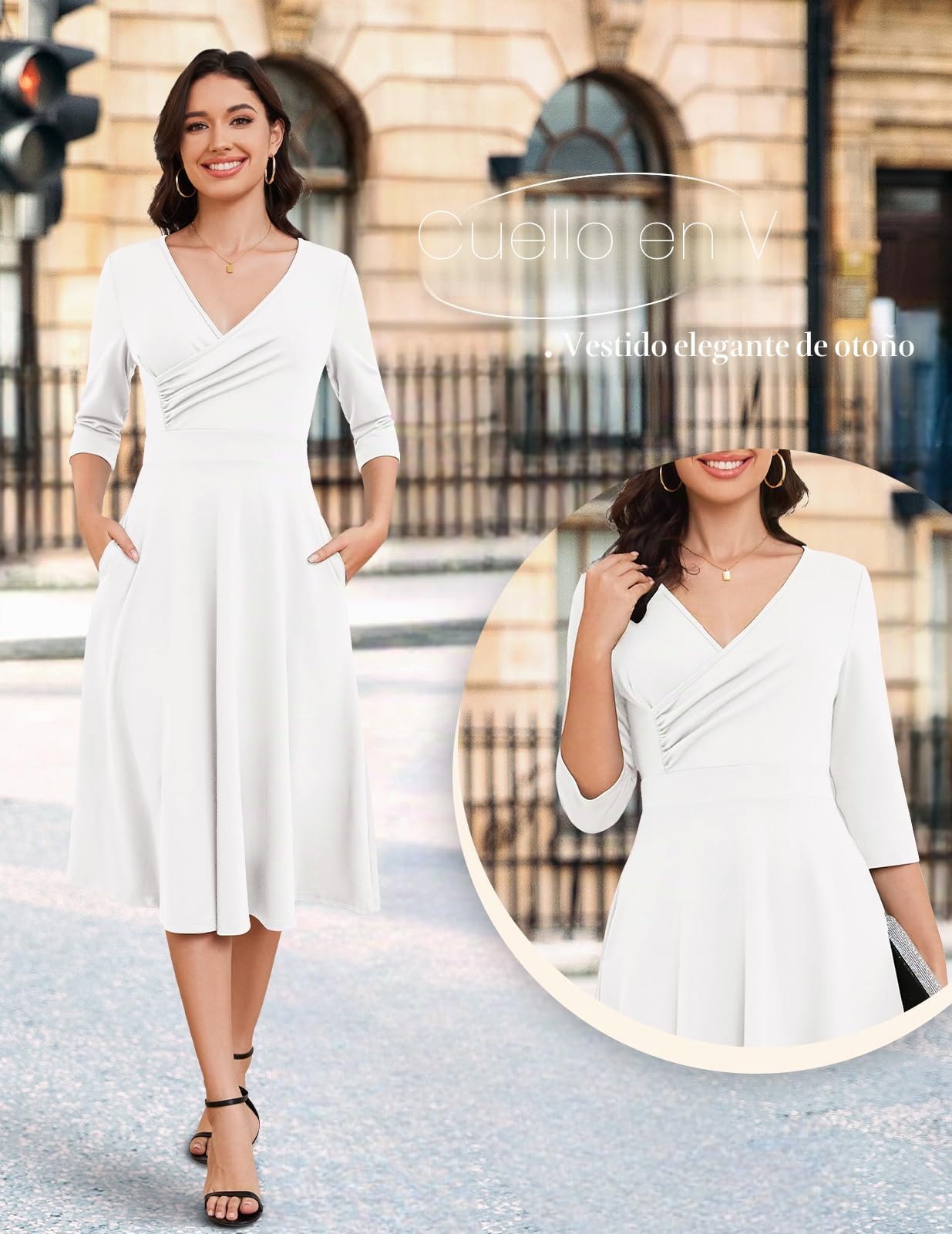 Bbonlinedress Vestido de Cóctel Fiesta Midi para Mujer Vestido Formal para Invitada de Boda Cuello en V Longitud del Té con Manga 3/4