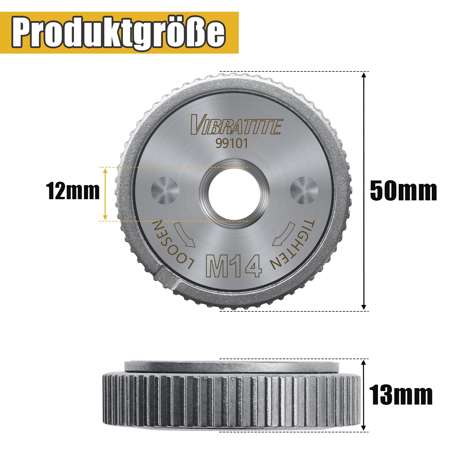 VIBRATITE 2 tuercas de sujeción rápida M14, tuerca de sujeción para todas las amoladoras angulares de AEG, Black & Decker, Dewalt, Flex, Hitachi, Metabo, Makita, etc., color plateado
