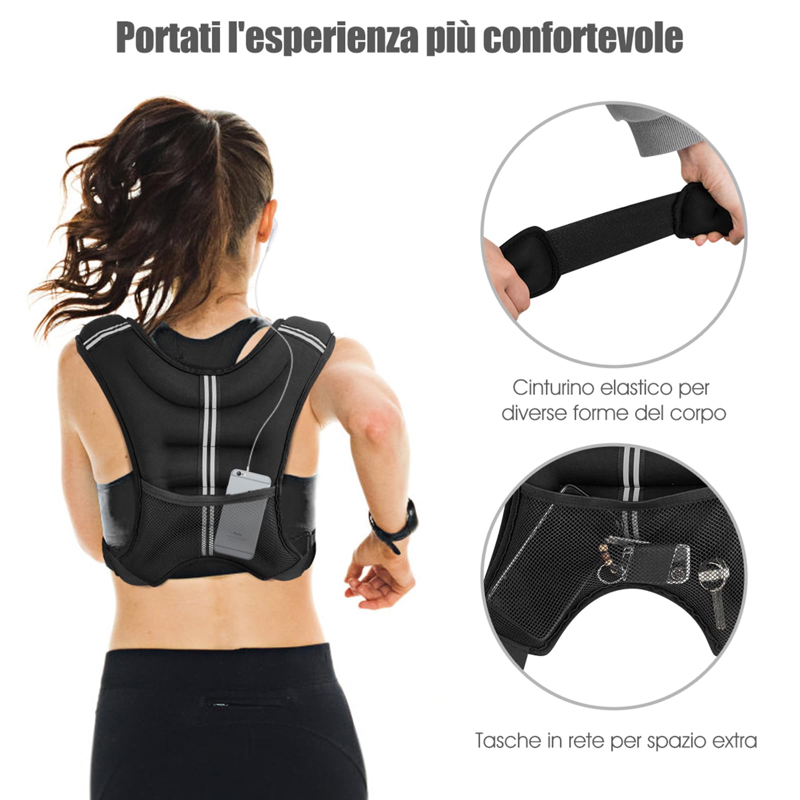 COSTWAY Giubbotto Zavorrato 8/15kg con Striscia Riflettente, Gilet con Pesi per Allenamento Forza e Resistenza, Nero (15)