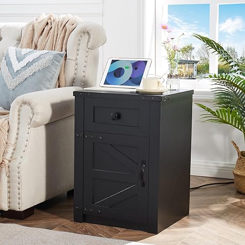 Miniatura 4 de SOOWERY Juego de 2 mesitas de noche, mesita de noche con estación de carga, mesa auxiliar de granja con puerta de granero y cajón, mesa auxiliar de