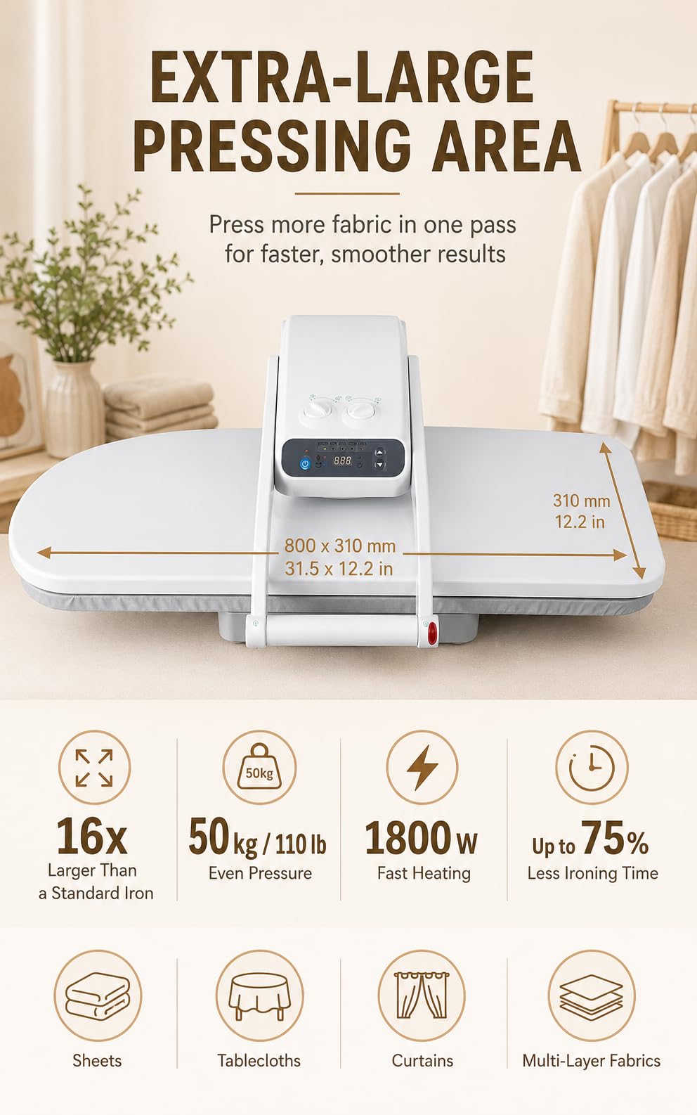 Dampfbügelpresse Mit LED-Display | 1800 W, 150 G/Min Dampf, 50 Kg Druck, 300-Ml-Tank Und 5 Programmen Für Hemden Und Gardinen