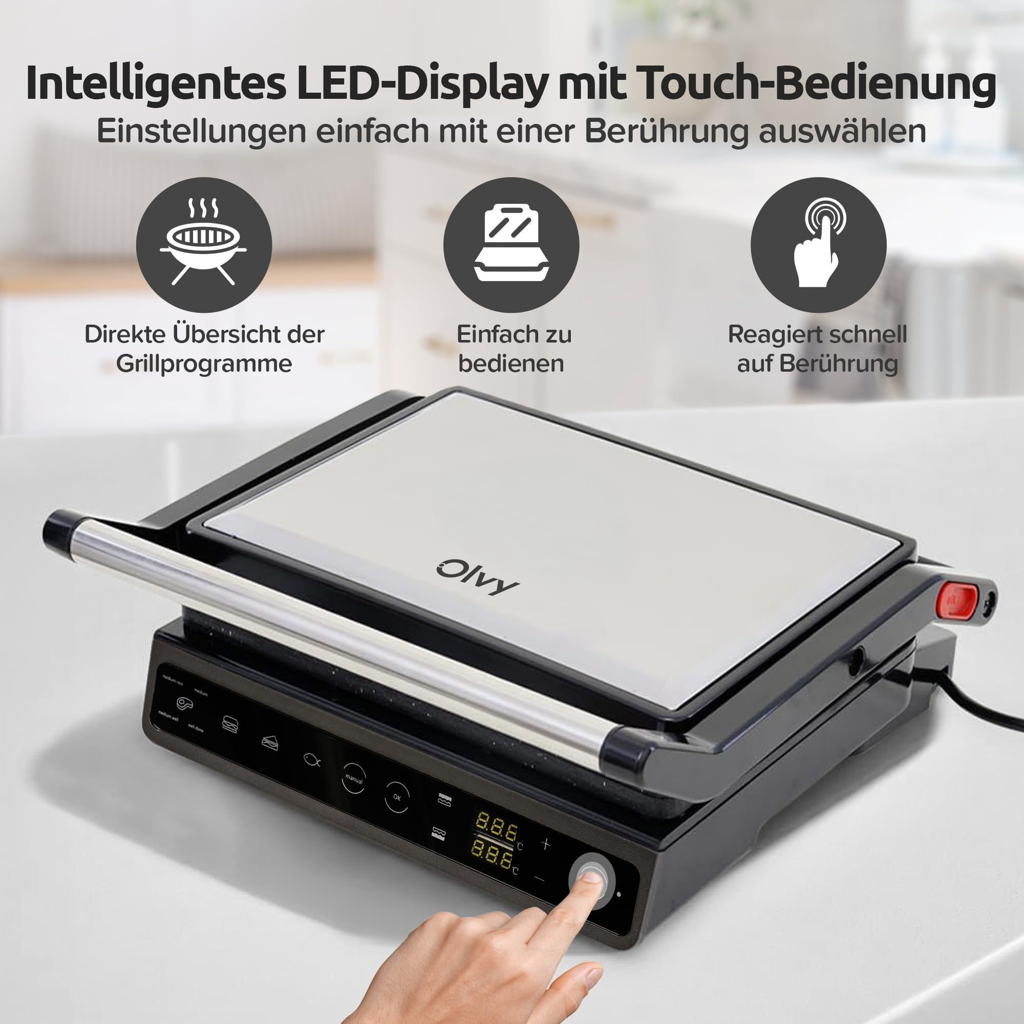 Olvy Kontaktgrill Elektrogrill Mit Touchscreen Für Perfektes Braten | 1 Set | 7 Programme | Fleisch & Gemüse | PFAS-Freie Antihaftplatten | Elektrischer Tischgrill Paninimaker