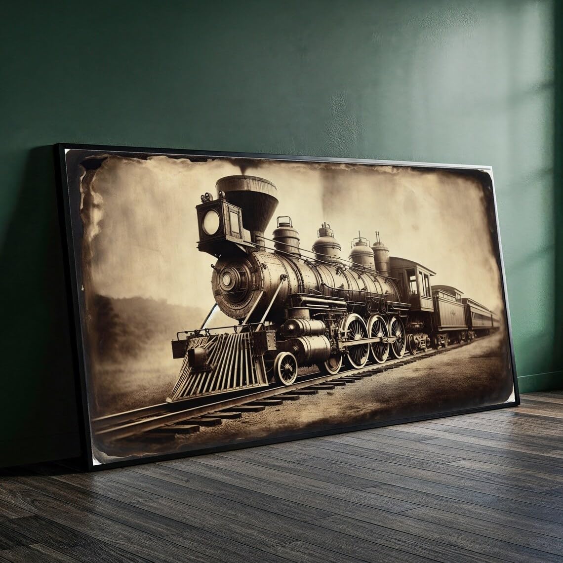 XINBAO Steam Locomotive Train Canvas,Antique Railway Engine Wall Art, Sepia Transport Decor,Classic Train Illustration, Painting(70x130cm/Frameless)
