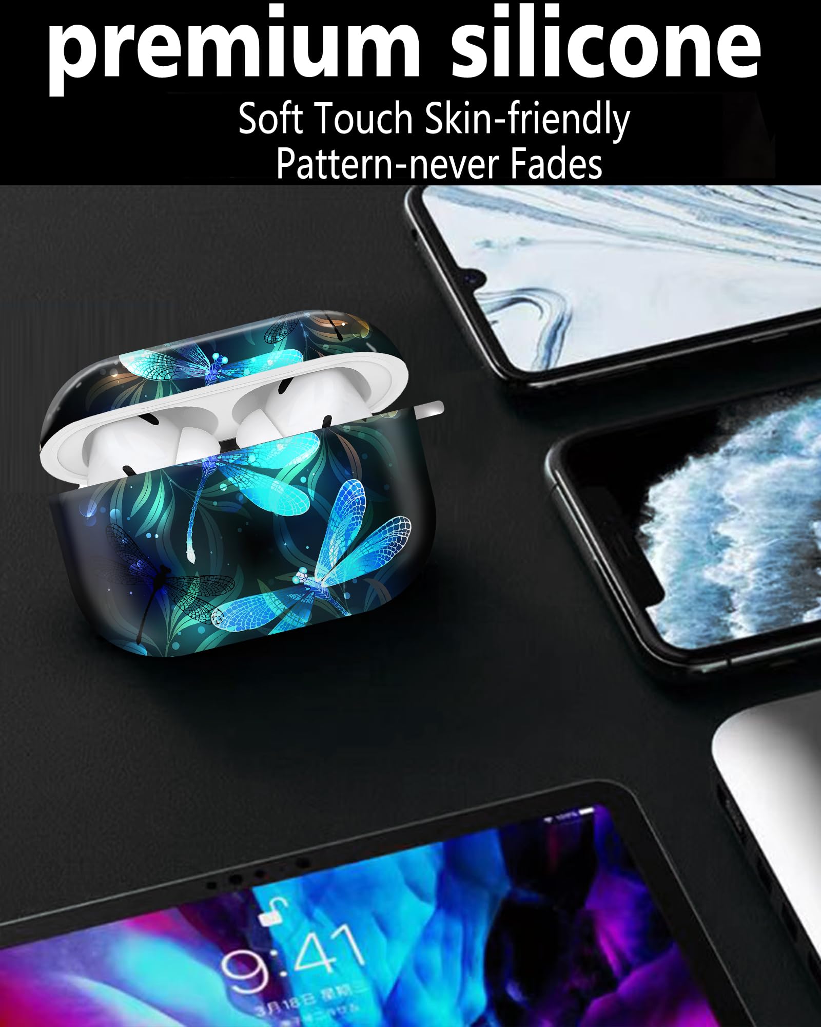 Kompatybilny z AirPod Pro 2. / 1. generacji, uroczy, twardy i odporny na uderzenia etui ochronne ze złotym okrągłym brelokiem do kluczy, dla mężczyzn, kobiet i dziewcząt (śliczna ważka)