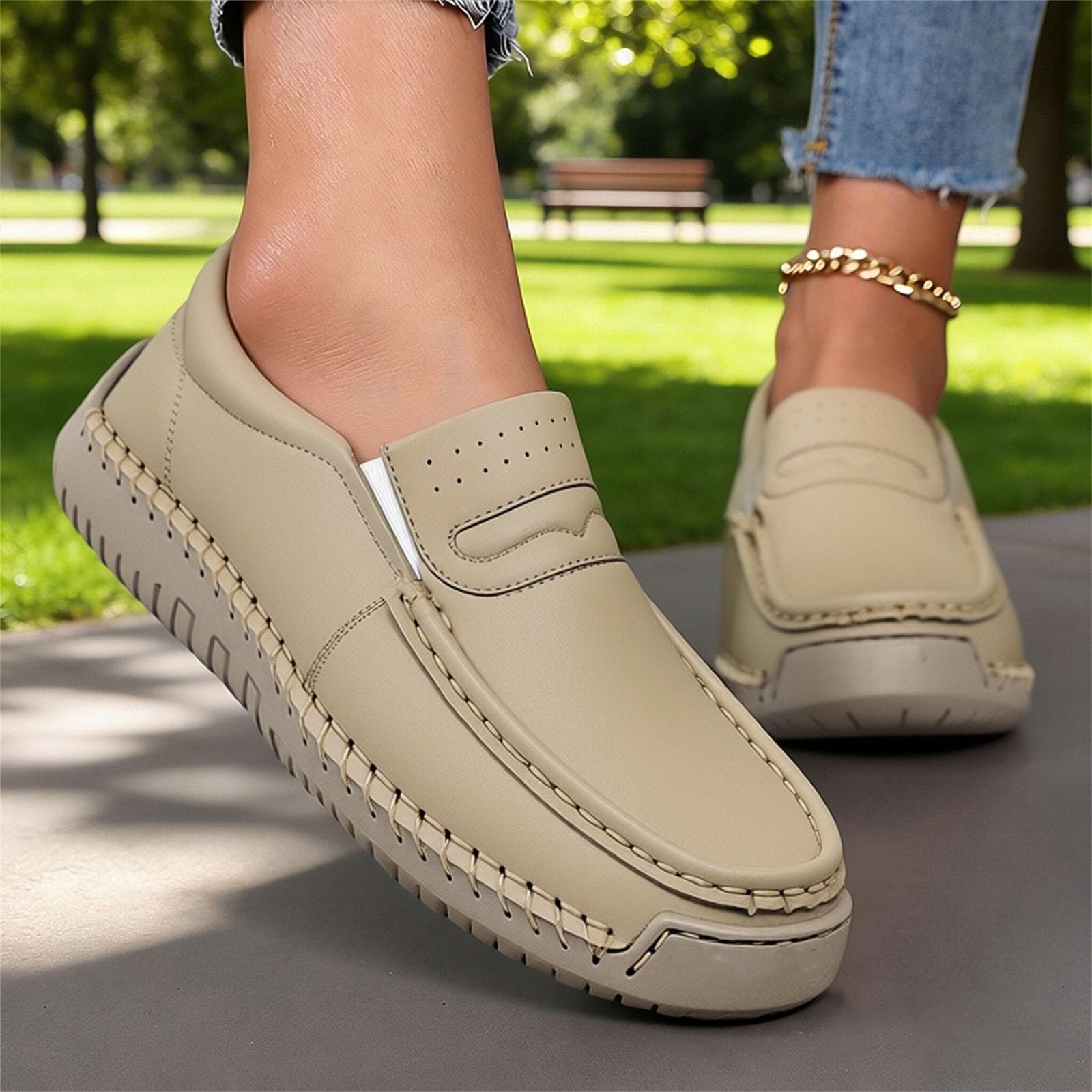 Generisch Slipper - Zapatillas de verano para mujer, de piel, planas
