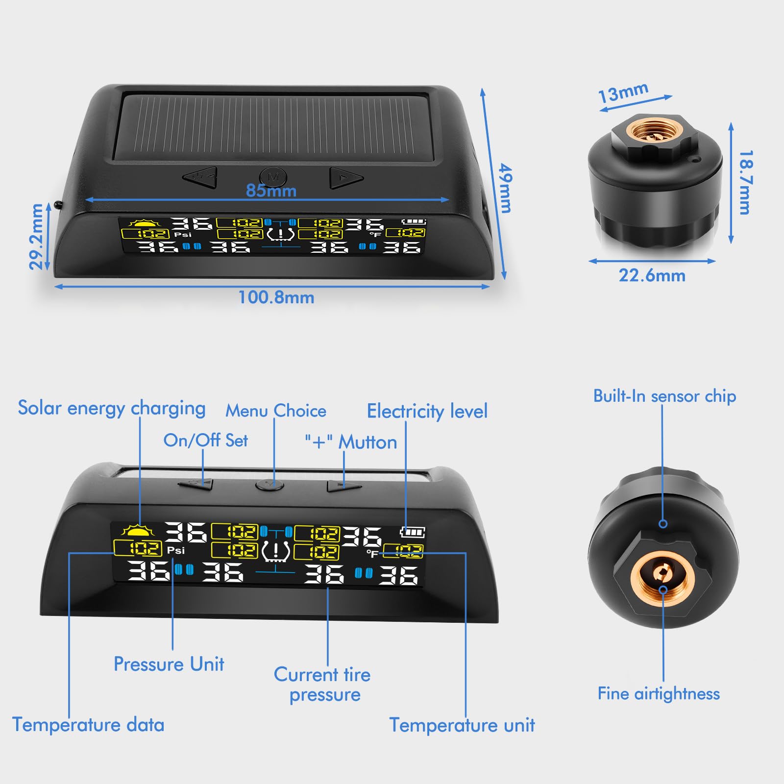 TPMS Sistema di Monitoraggio,della Pressione degli Pneumatici per Autocarri, Camper, Pullman,6 Sensori Ruote, 5 modalità Allarme, Ricarica Solare/USB(Ultima Versione)
