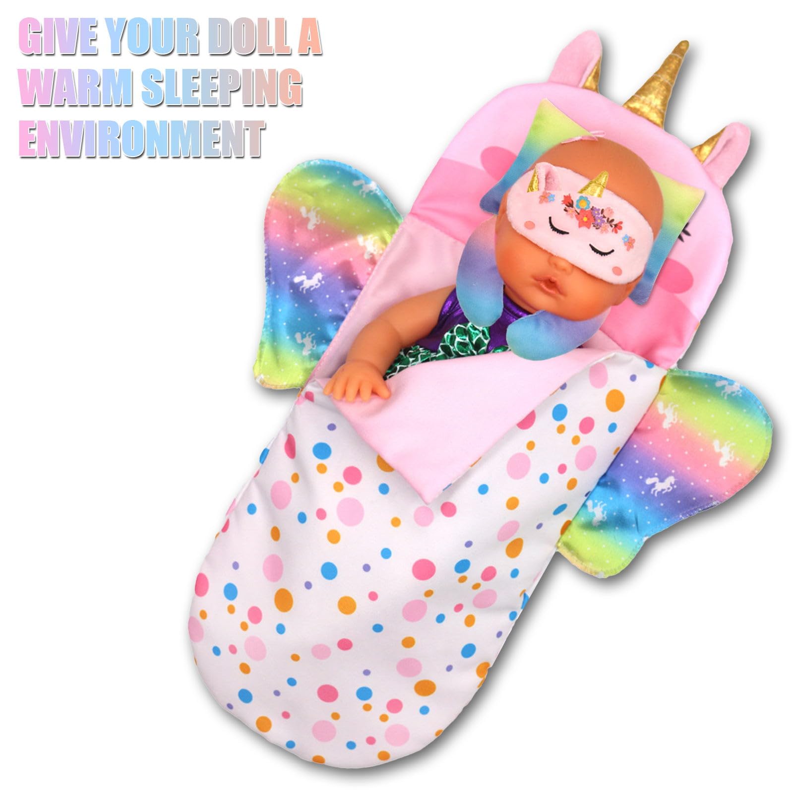 Einhorn Puppenschlafsack Set 4-teilig – Mit Schlafmaske, U-Kissen & Quadratkissen Für Puppen 25-38 Cm