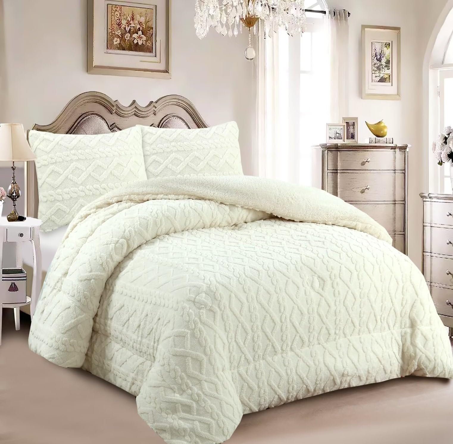 Edredón Borrego Invierno 230x250 cm – Nórdico Efecto Borreguito Extra Suave y Cálido – Edredón Invierno para Cama 135/150 cm – Incluye 2 Fundas de Almohada (Crema, Cama 135)