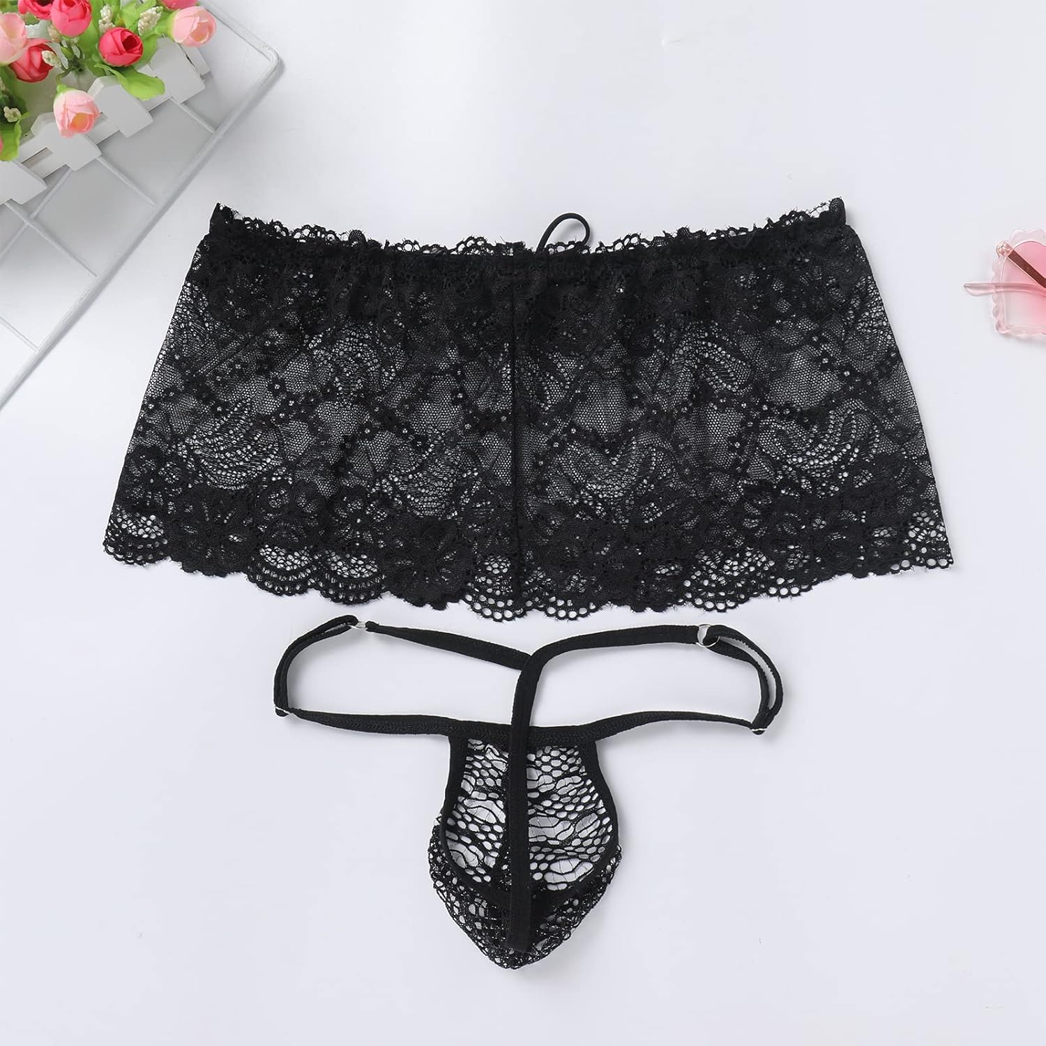 ABAFIP Mens Sissy Lingerie Low Rise Lace Mesh Sheer Mini Skirt + G-string Panties 2Pc Crossdressing Underwear