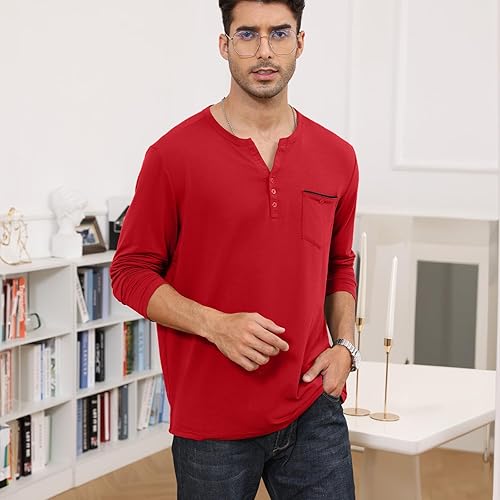 Miniatura 2 de Lexiart Camisas Henley de manga larga para hombre, ajustadas, básicas, sin botones, con solapa de botón y bolsillo, camisas lisas con cuello en V