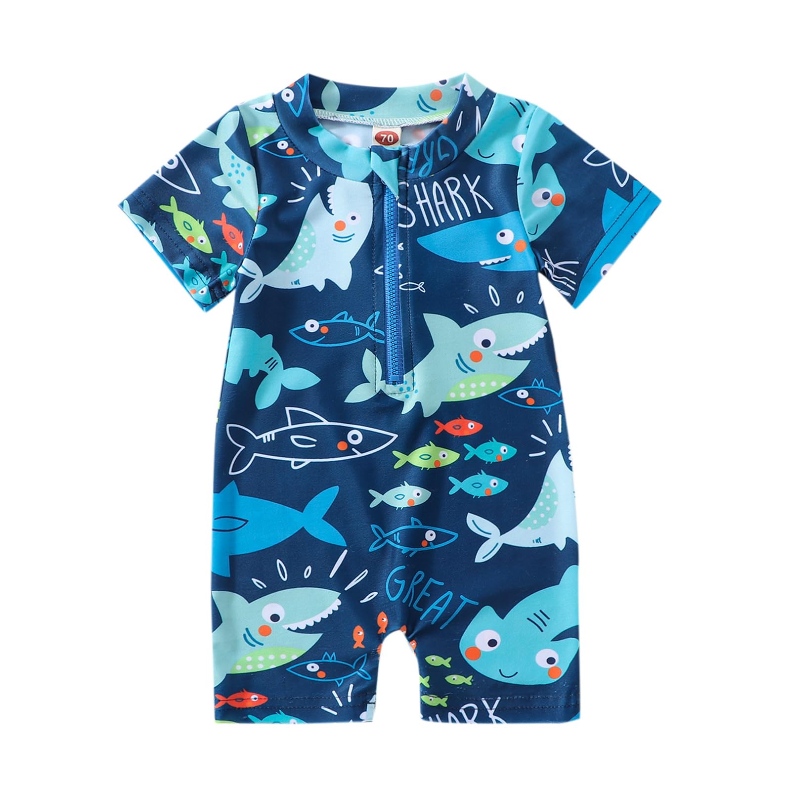 Baby Boy Swimsuit Summer Cartoon Dinosaur/Shark Print Zipper One Piece Rash Guard Toddler Bathing Suit Swimwear (Shark Dark Blue F, 3-6 Months)