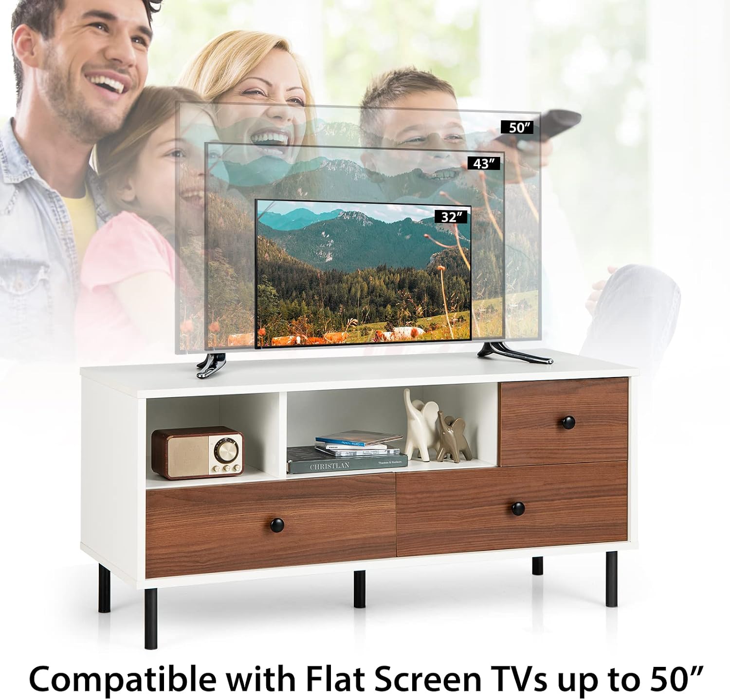Tangkula Farmhouse TV Stand for 50-inch TVs, Modern Flat Screen Console Table with 2 Cubbies & 3 Large Drawers, Entertainment Center Storage Cabinet for Living Room (White & Walnut)