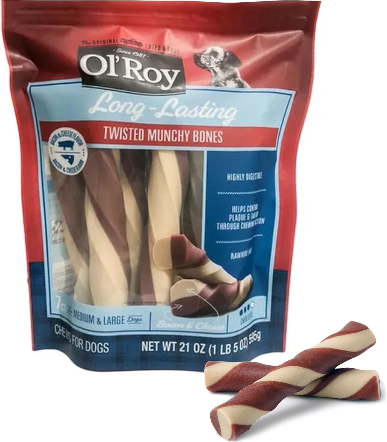 Twisted Munchy Dog Bones Chicken and Bacon Flavor, Long-Lasting Rawhide-Free Chews, Helps Clean Teeth, Highly Digestible Treats for Medium and Large Dogs, 7 Count, 21 oz Resealable Bag