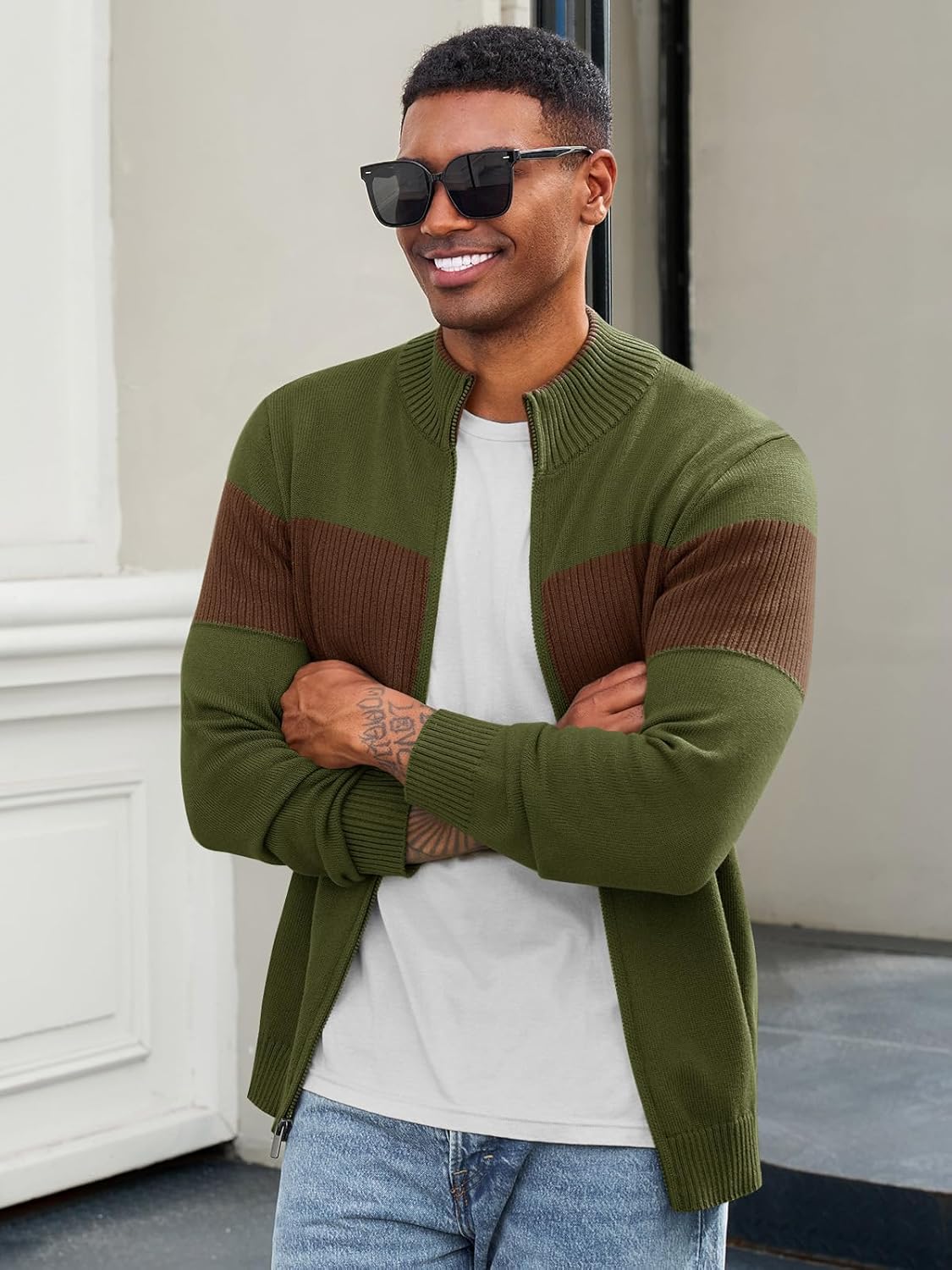 Runcati Mens Full Zip Cardigan Sweater Casual Knit Stand Collar Cardigan Slim Fit Color Block Fall Winter Sweaters - Image 2