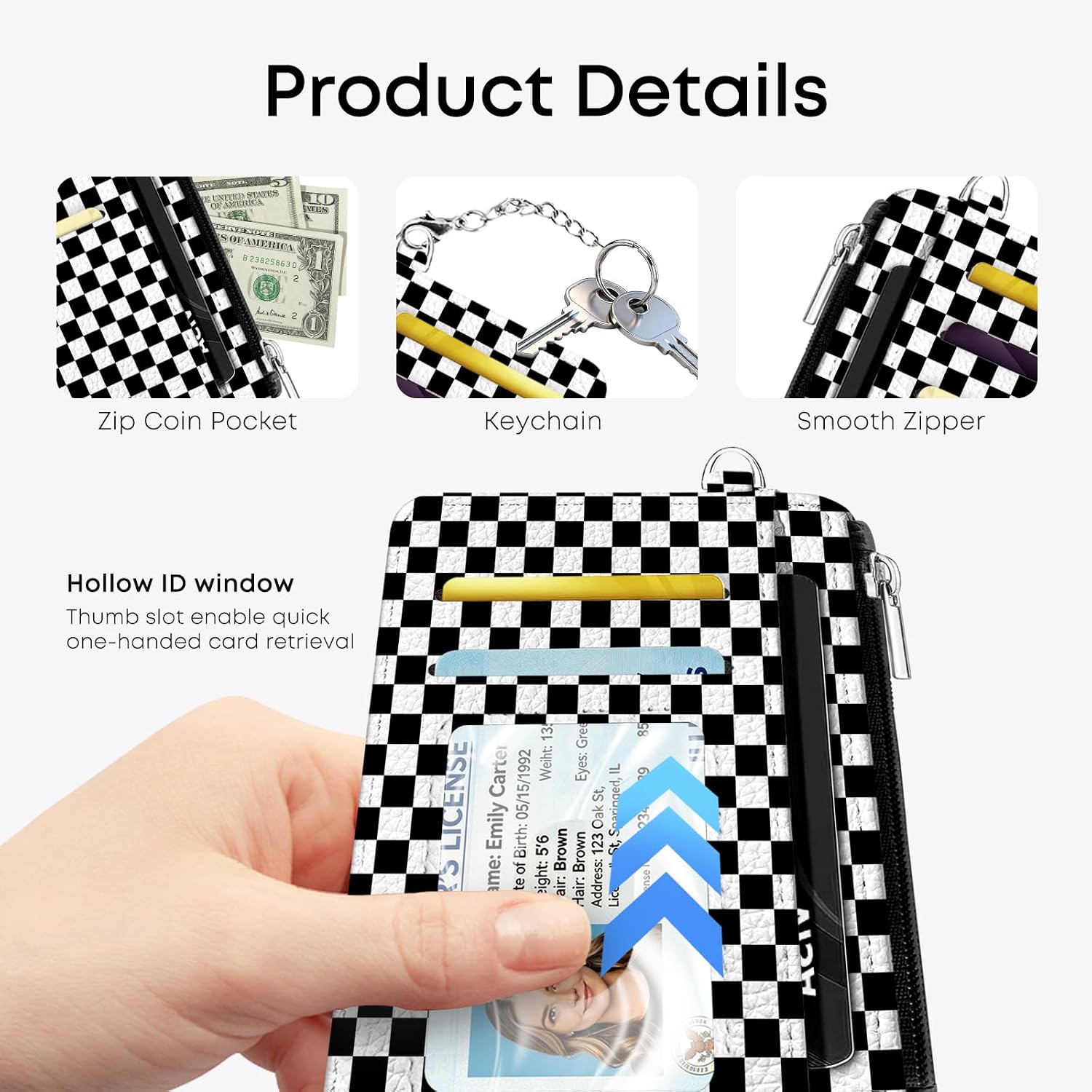 Black and White Checkered Pattern Credit Card Holder Small Wallet for Women, Slim RFID Wallet Front Pocket with Zipper Coin Pocket, Travel Thin Card Case with ID Window