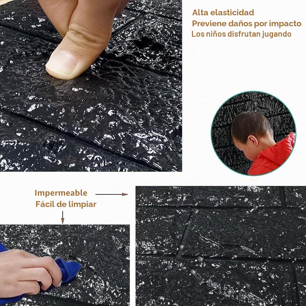 Papel Pintado Pared Ladrillo, Paneles Decorativos 3D Autoadhesivo, Efecto Ladrillo de Piedra Impermeable Pegatinas Pared para Cocina, Salón, Dormitorio (36 Piezas, Roca Negra)