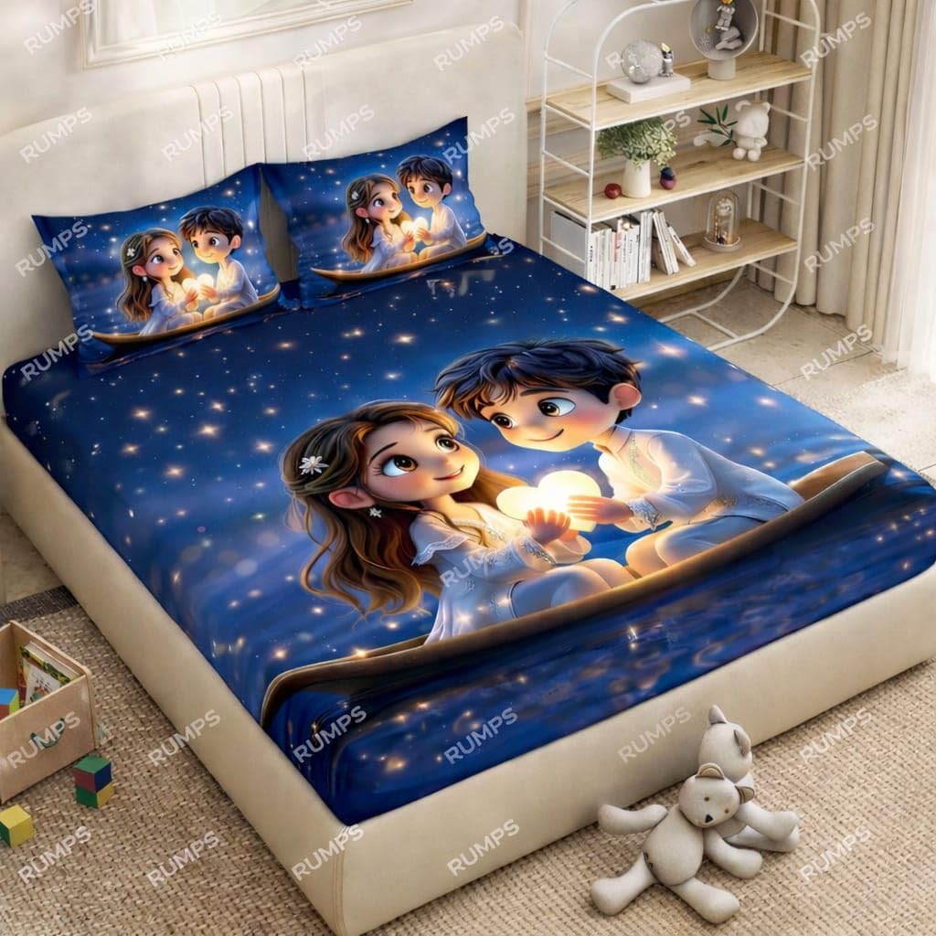 RUMPS 7D Digital Printed Romantic Couple Theme Flat Double Bedsheet Set for Bedroom - 90x100 Inches, Includes 2 Pillow Cases - Ideal Wedding, Ultra-Soft HD Print Fabric