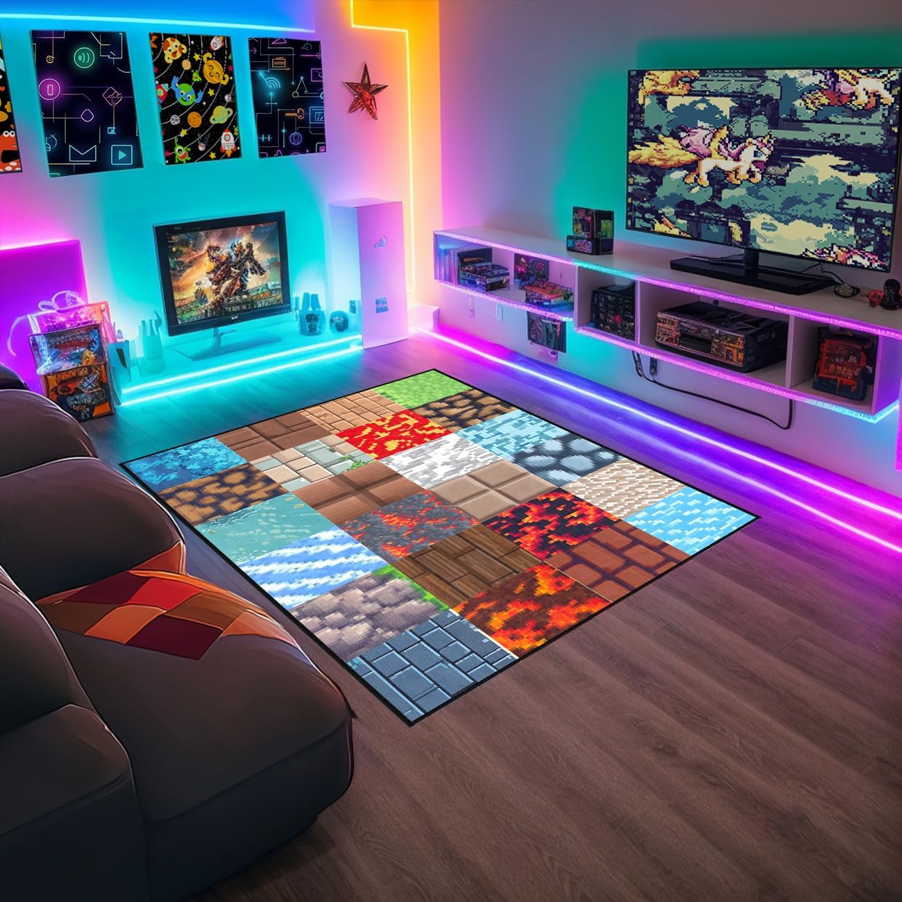 Game Rug for Cool Boys Room Decor, Funny Plaid Gamer Rug for Boys Bedroom Teens Kids Colorful Carpet for Living Room Playroom Game Decoration Floor Mat, 5'x7'