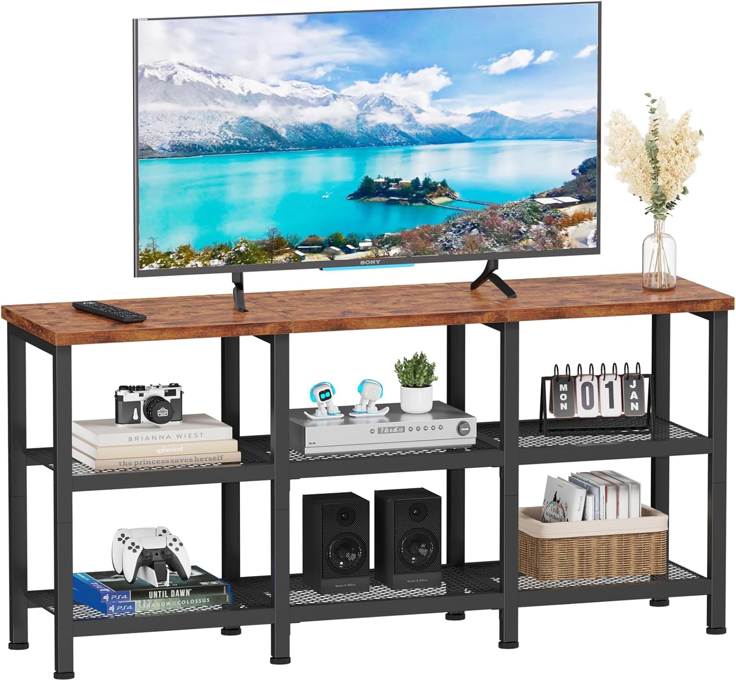 Product image of Furologee TV Stand, Small Media Console Table with 3-Tier Storage Shelves, Industrial Entertainment Center for TVs up to 50 Inch, Television Stands for Living Room, Bedroom, Rustic Brown