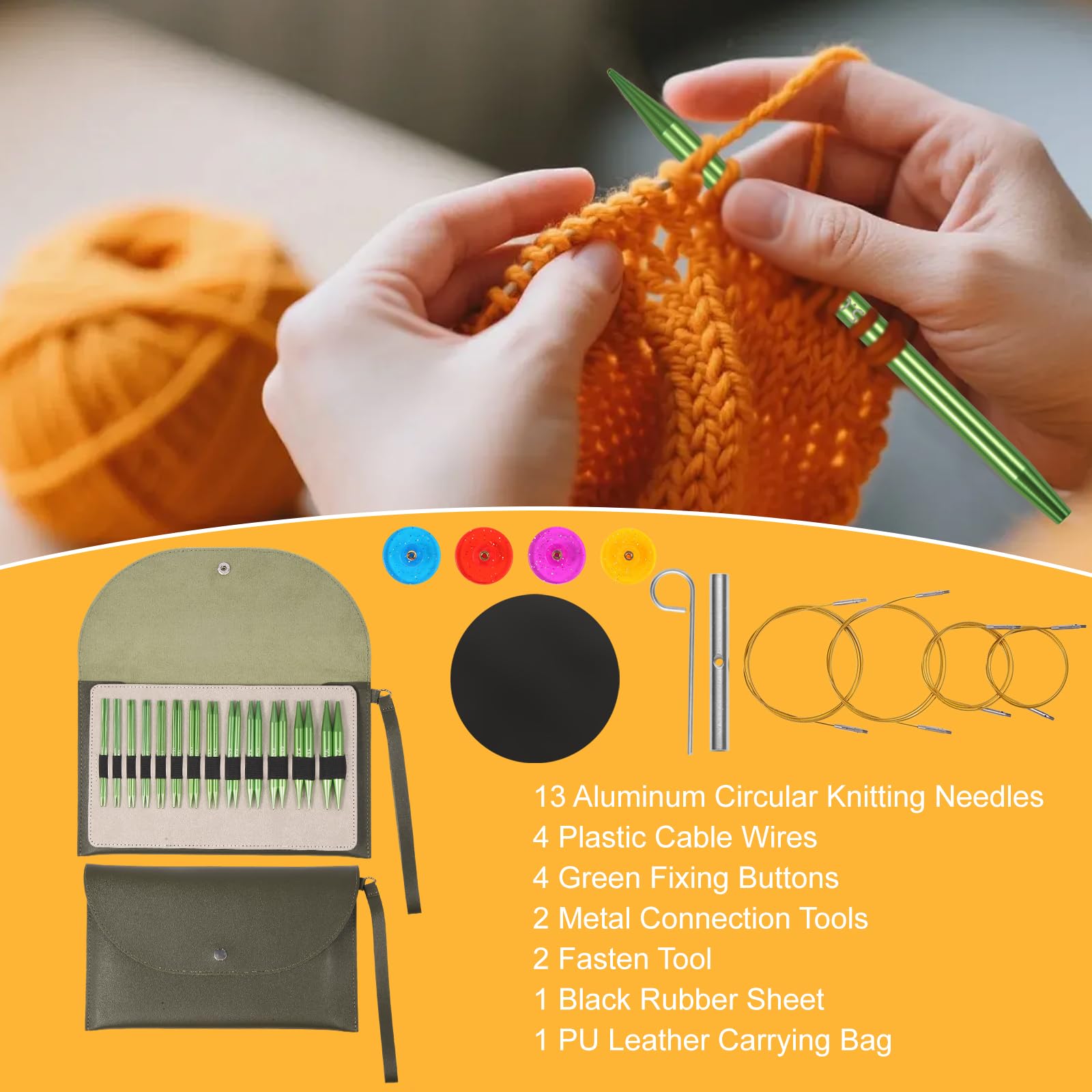 Iswawo Juego de agujas circulares intercambiables, 13 pares, 3,0-10,0 mm, agujas de tejer circulares con 4 cuerdas, bolsa para proyectos de punto, adecuado para principiantes y profesionales, aluminio