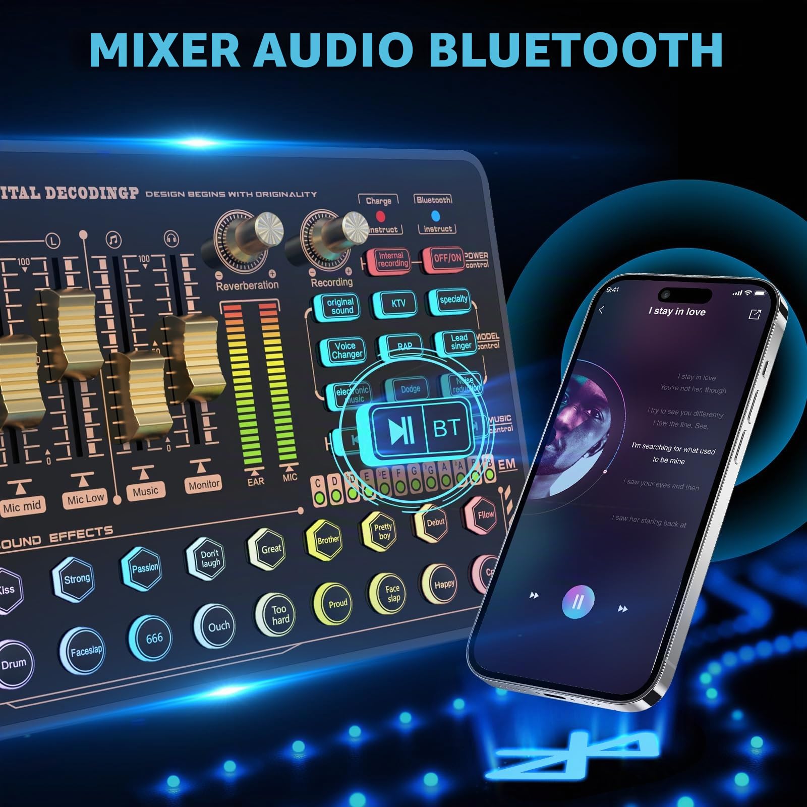 Todeco Mixer Audio Bluetooth, Scheda Audio DSP per Streaming e Podcast | 6 canali, cambiavoce, riduzione rumore, effetti DSP, ideale per podcast, karaoke, live streaming e registrazione