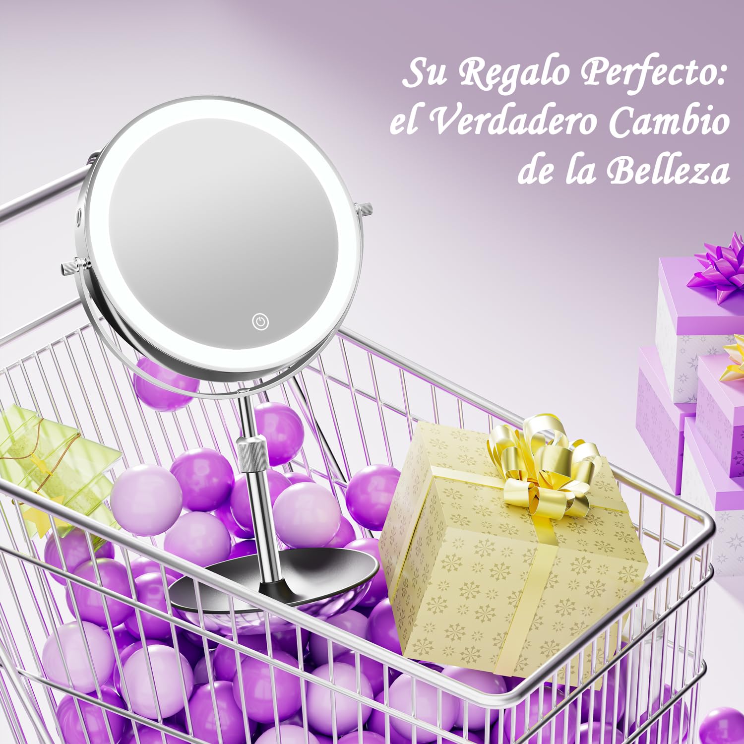 Auxmir Espejo Maquillaje con Luz, 30X/1X Aumento Espejo Telescópico Altura Ajustable 3000mAh Recargable USB, 3 Colores de Luz 60 Leds Brillo Regulable 360 Giratorio, Plata