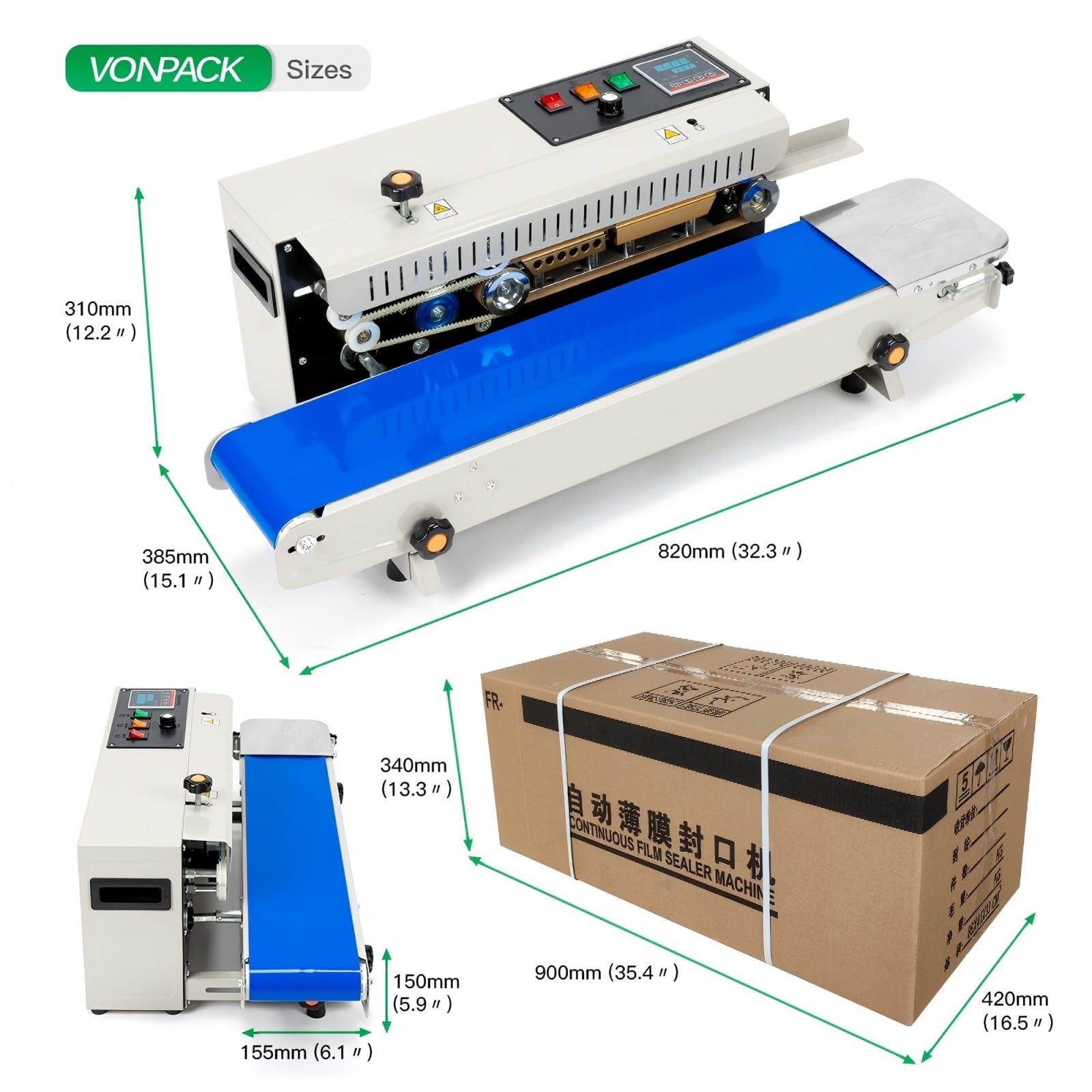 VONPACK FR-900 Máquina automática de sellado de banda continua, sellador de bolsas, fábrica industrial, máquina de embalaje de cocina, sellado térmico, control inteligente de temperatura ajustable