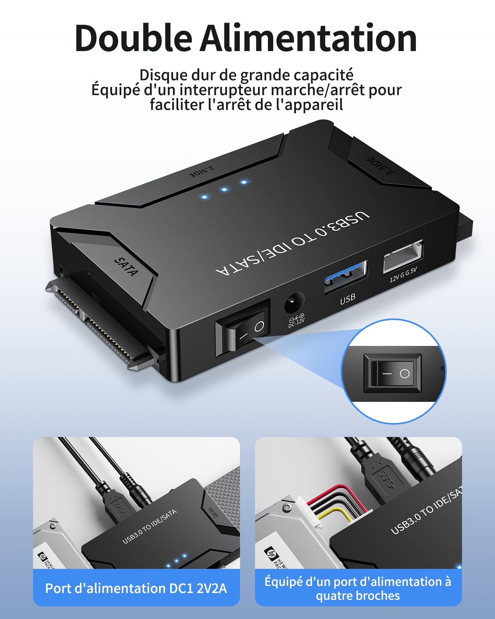Posugear Adaptateur USB 3.0 vers IDE et SATA pour disques durs 2.5 et 3.5, convertisseur SATA IDE pour Windows XP, Vista 7 et 8