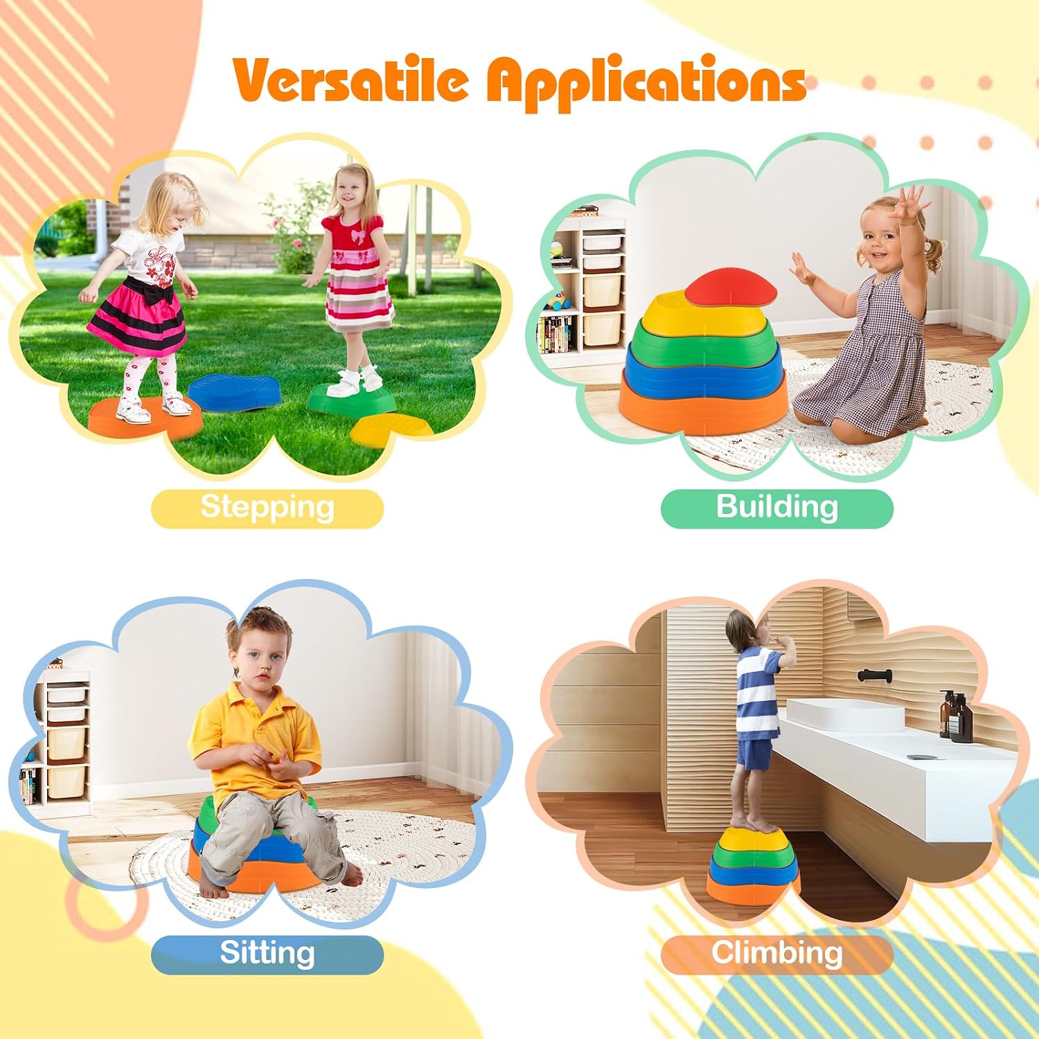 HONEY JOY 5 Pcs Stepping Stones for Kids, Non-Slip Sensory Balance Blocks w/Storage Bag, Obstacle Courses for Coordination, Motor Skills, Indoor Outdoor Stackable Toys, for Toddlers Aged 3+ image 3