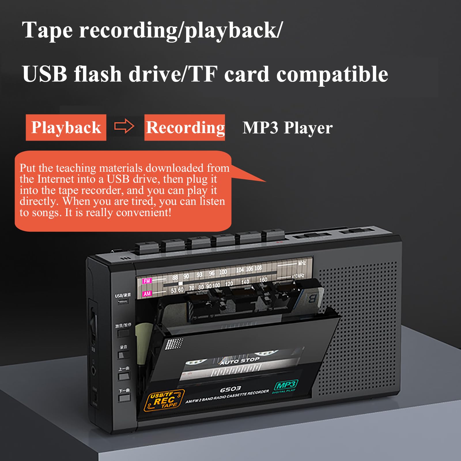 Przenośny magnetofon retro, kasetowy odtwarzacz radiowy, obsługa formatu MP3, podwójny zasilacz AC/DC, odtwarzanie kart USB/TF