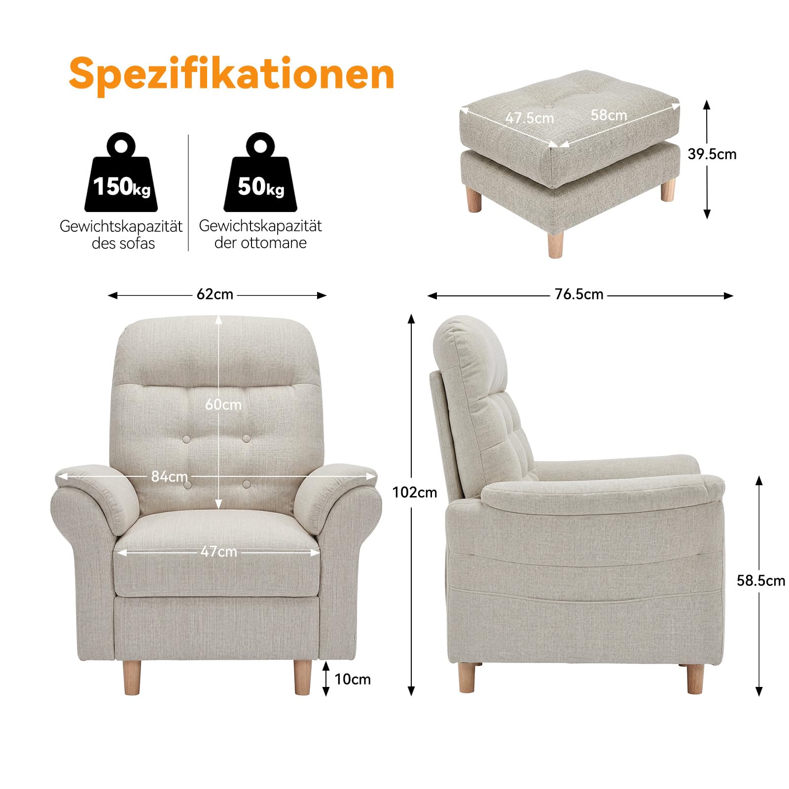 COMHOMA Relaxsessel Fernsehsessel mit Liegefunktion, Liegesessel mit Hocker & 4 Verstellbarer Rückenlehne, Polstersessel Stoff Einzelliegesessel Wohnzimmer Schlafzimmer Heimkino, Chenille, Beige