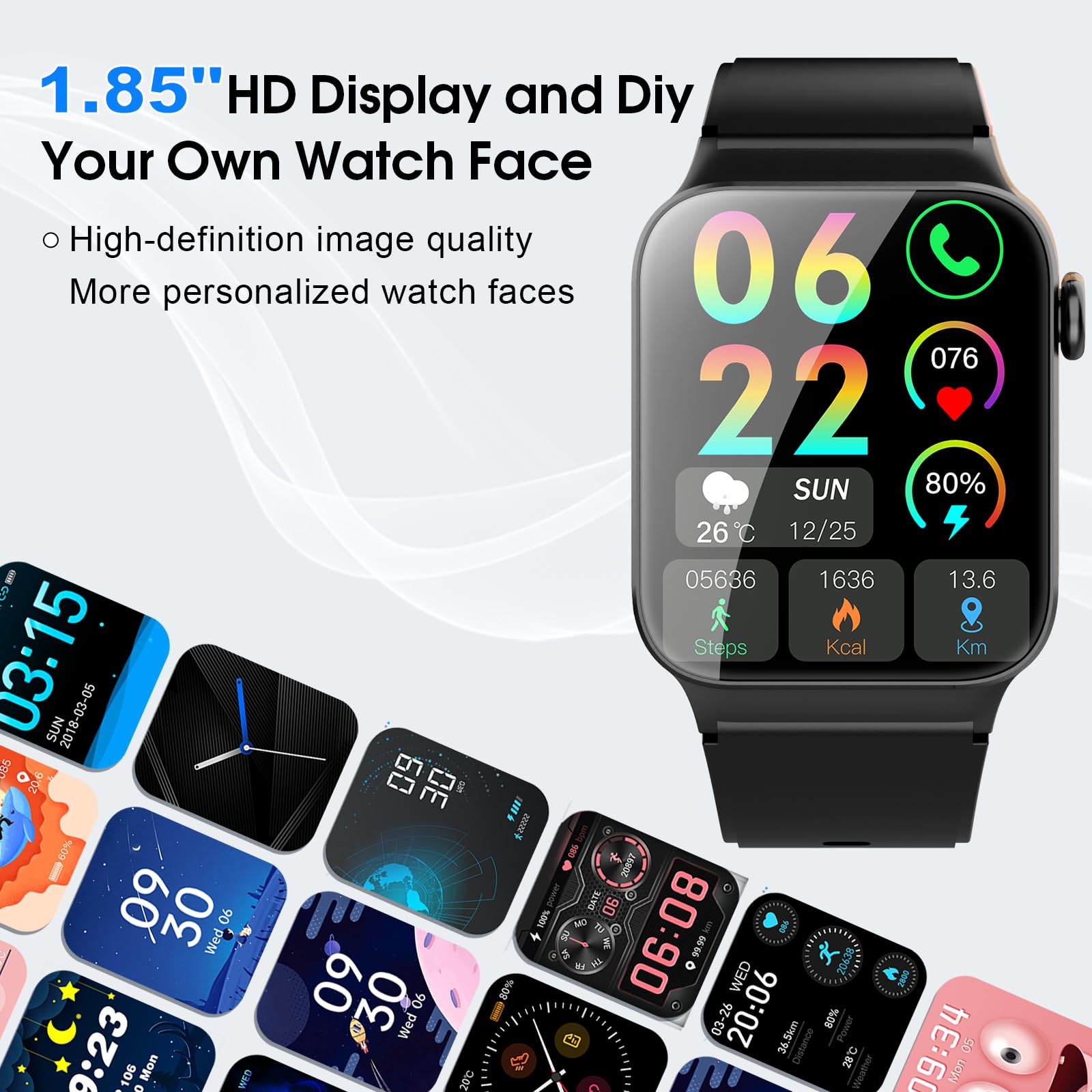 STECEi Smartwatch Uomo Donna Rispondi/Effettua Chiamate, 1.85" Orologio Smartwatch con 113 Sportivo, Impermeabil IP68 Sportivo Smart Watch con Contapassi/Sonno/Cardiofrequenzimetro, Fitness Watch Nero
