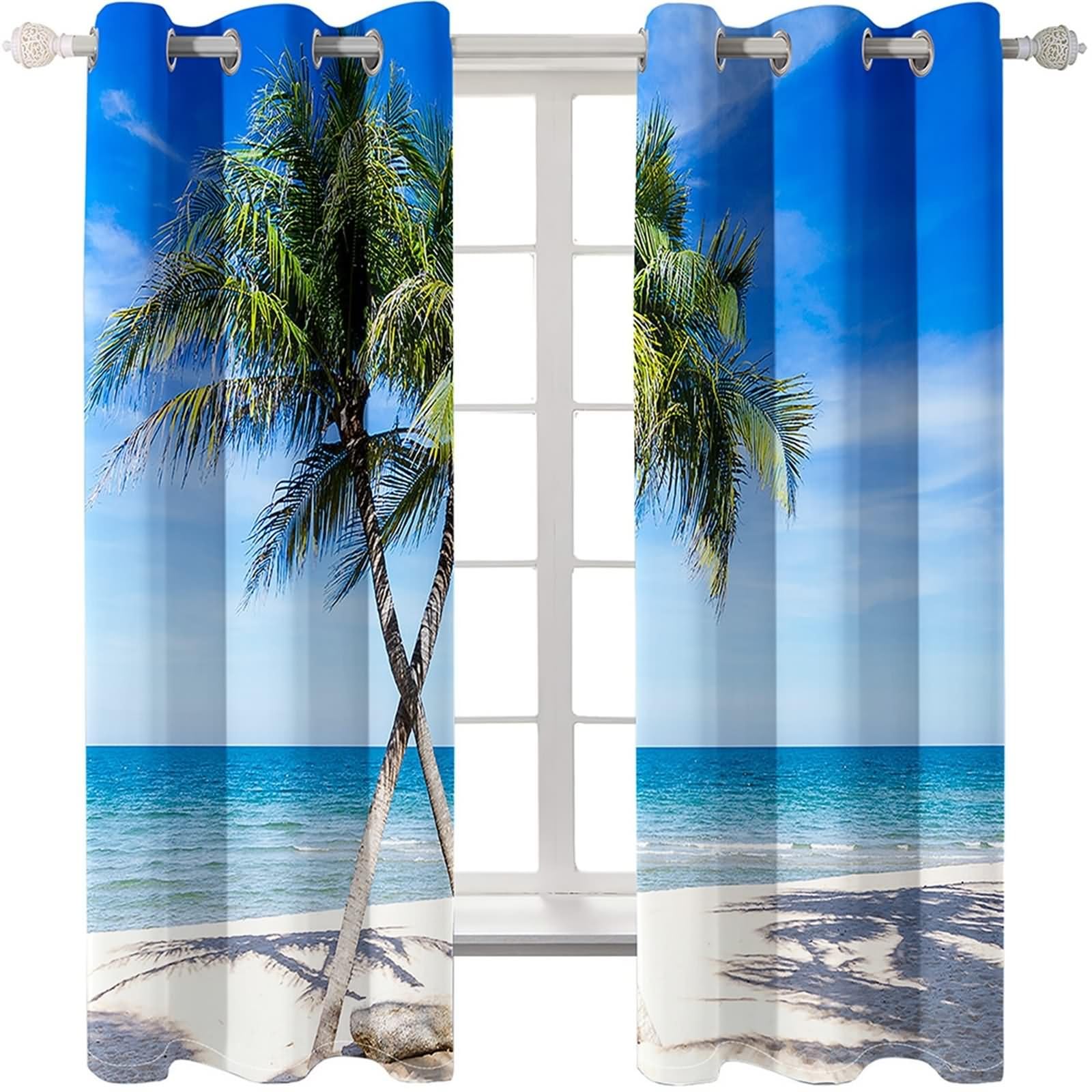 Nieprzezroczyste zasłony wewnętrzne, zasłona zaciemniająca niebiesko-zielona plaża krajobraz i drzewo kokosowe poliester zestaw 2 szt. 192 x 214 cm