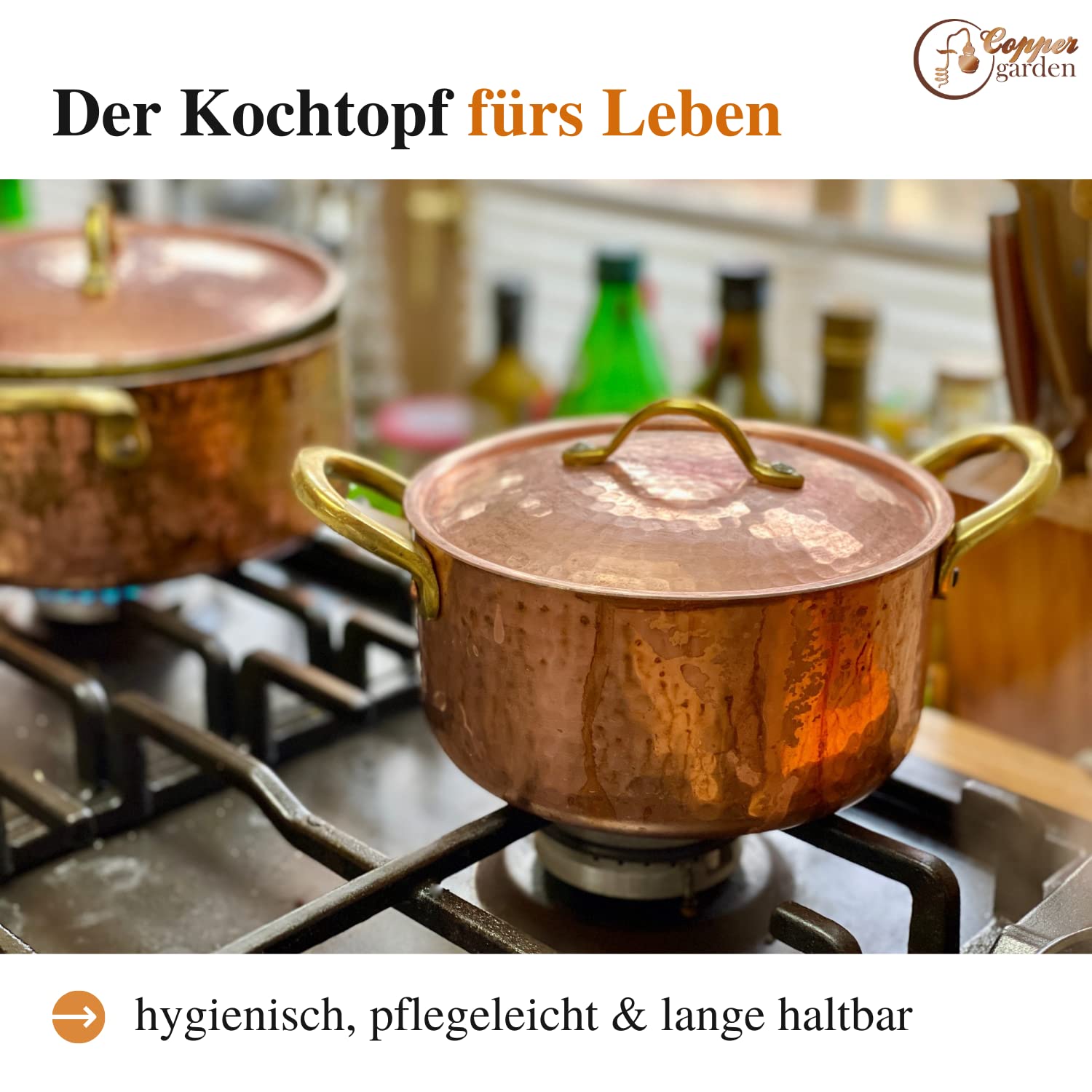 CopperGarden Kupfertöpfe 3er Set mit Deckel & Messinggriffe I Gehämmerte Kupferkochtöpfe: Ideale Wärmeleitung & -verteilung I Robuste Kupfer Töpfe mit 100% Zinn beschichtet