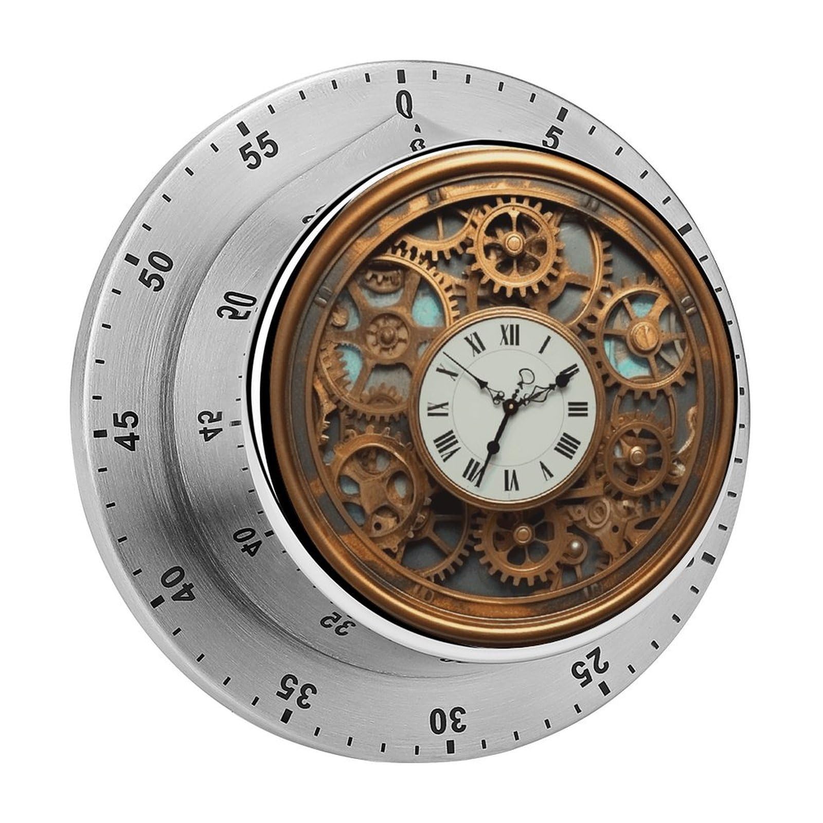 Rusty Steampunk Clock Mechanical Kitchen Timer, Magnetic Stainless Steel Countdown Timer, Loud Alarm Cooking Timer for Baking, Cooking, Fitness, Classroom, No Battery Needed