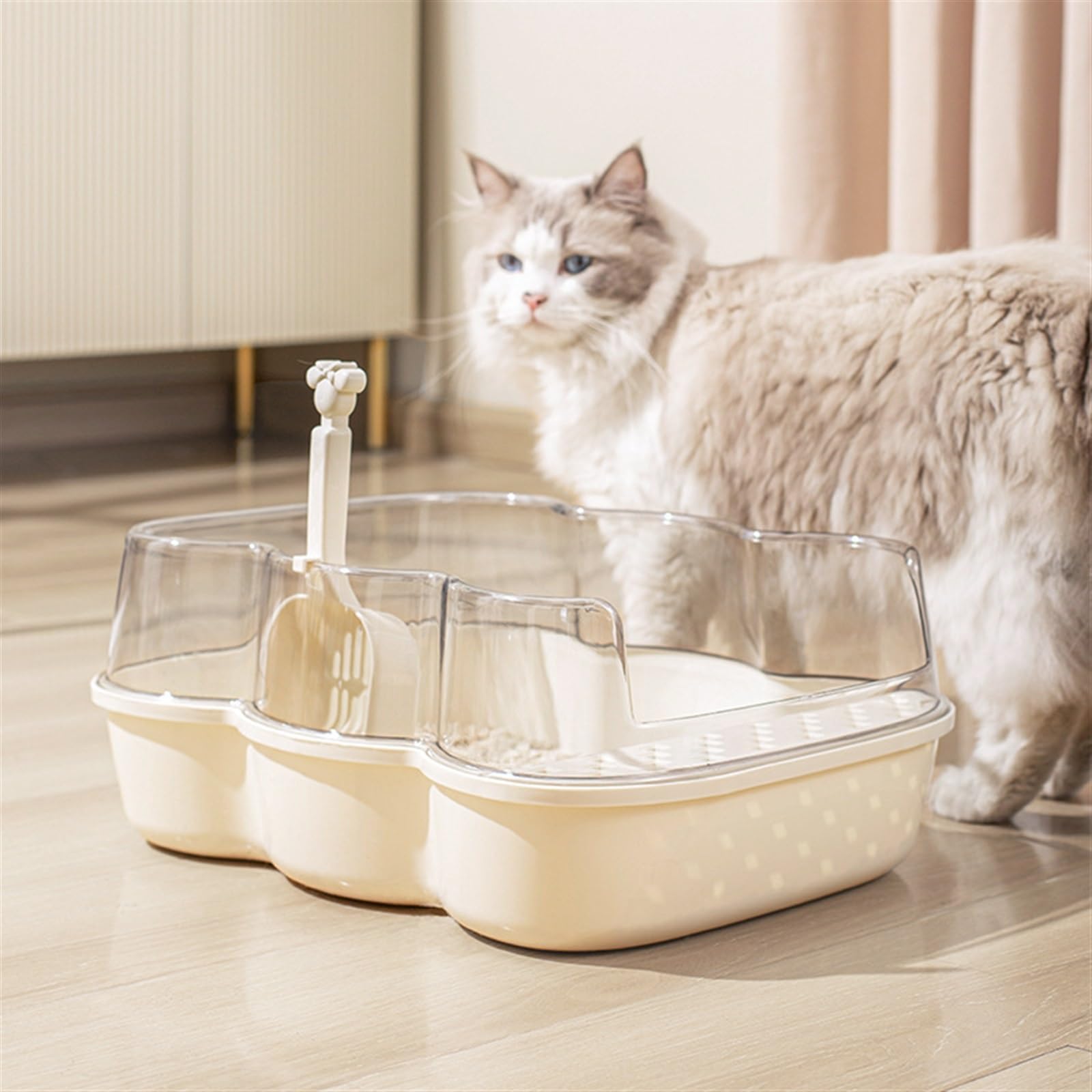 Lettiera per Gatti Lettiera semi-chiusa, lettiera aperta for gatti, lettiera extra large anti-schizzi con sportello trasparente e paletta for setacciare la lettiera Toilette per Gatti(Beige,Piccolo)