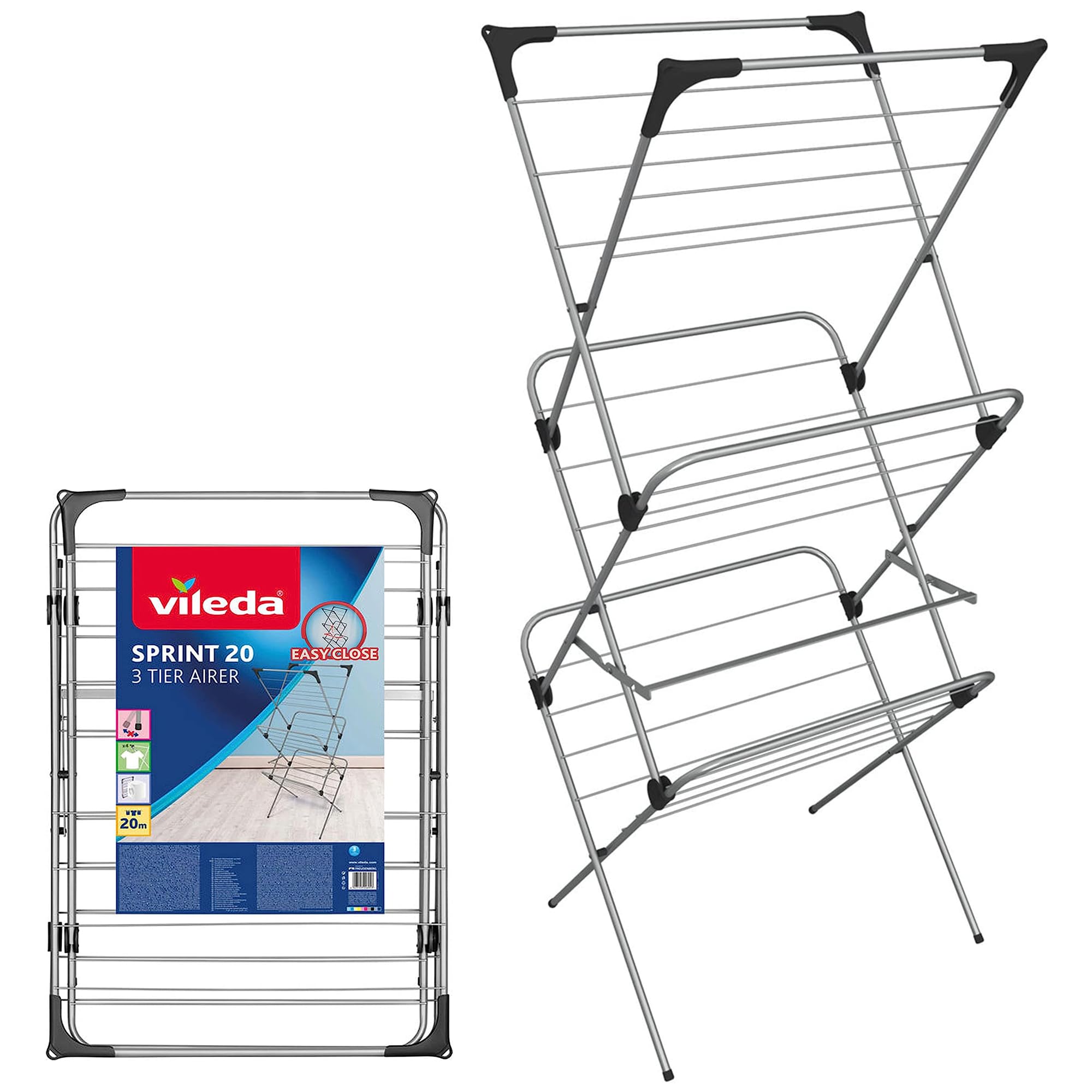 Vileda Sprint 3 Tier Clothes Airer, 20m Drying Space,Washing Line, Foldable