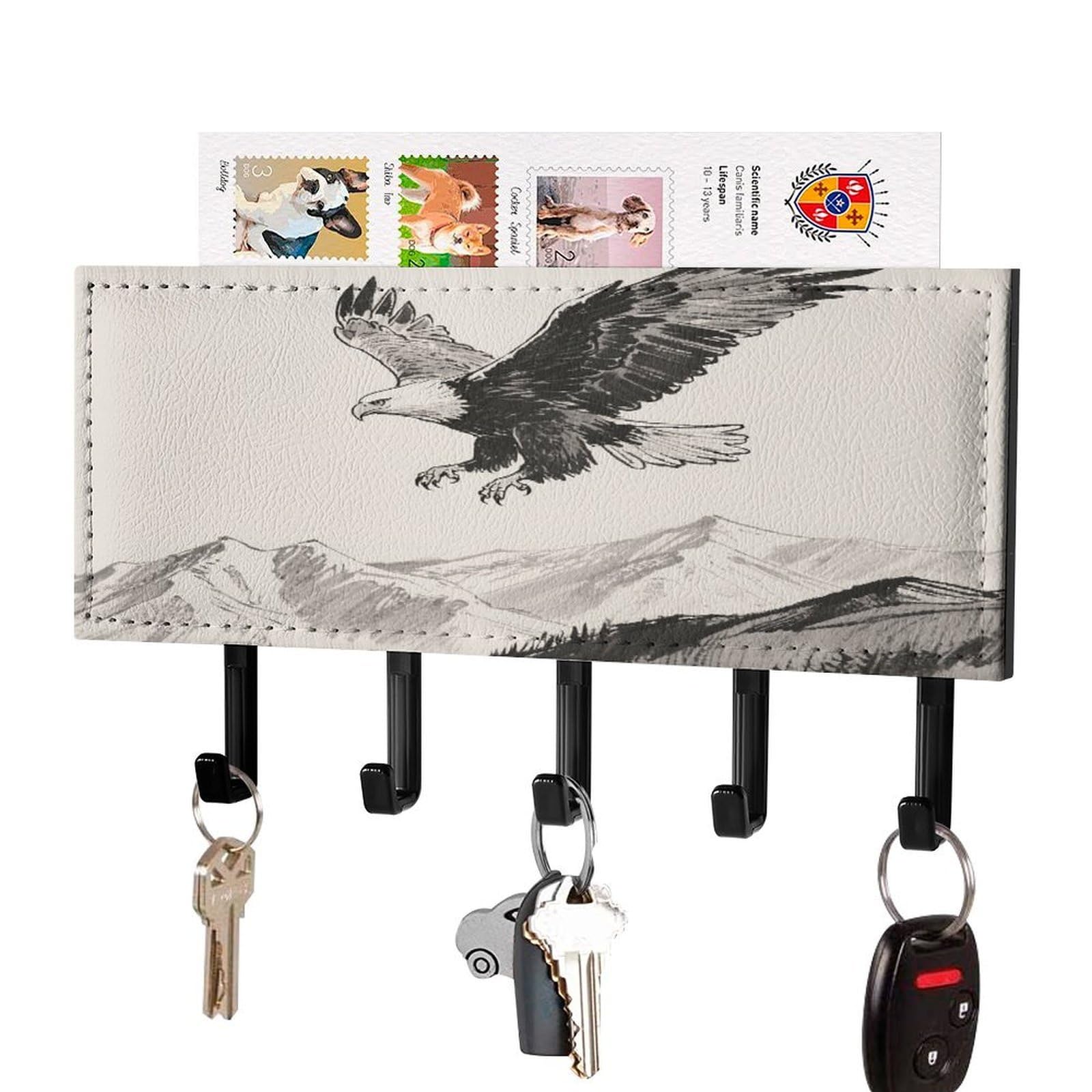 FekiLoot Soaring Eagle Key Holder for Wall Decorative Mail Organizer with 5 Key Hook Self Adhesive Key Rack with Tray Coat Rack Wall Mount Key Hanger Decor for Entryway Door