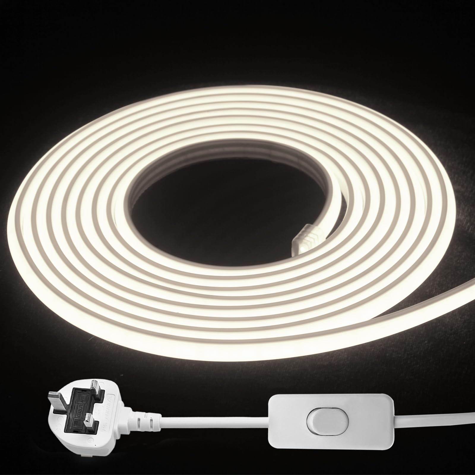 STHomedeco LED Strip Light - Flexible COB Neon Light Strip, Cut to 10cm, IP65 Waterproof 220V Neon Rope Strip for Indoor Outdoor Decor with UK Plug Power Supply (4000K, 25M)