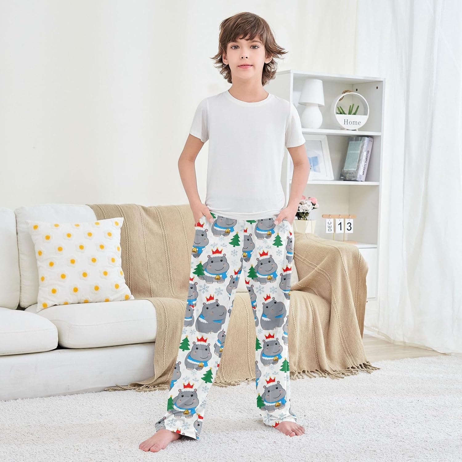 Sleep Long Pants,Warm & Comfy Pajama Bottoms Elastic Waist PJ Lounge Pants With 2 Pockets Sleepwears Size 6-14T