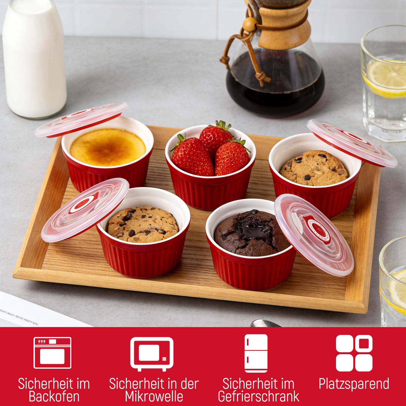 6 Pezzi Ciotole Ceramica Rosse con 6 Coperchi 200 ml 9 x 5 cm, Stampi Soufflé e Ramequin Ceramica per Forno, Dessert, Budino, Antipasti e Pasticceria