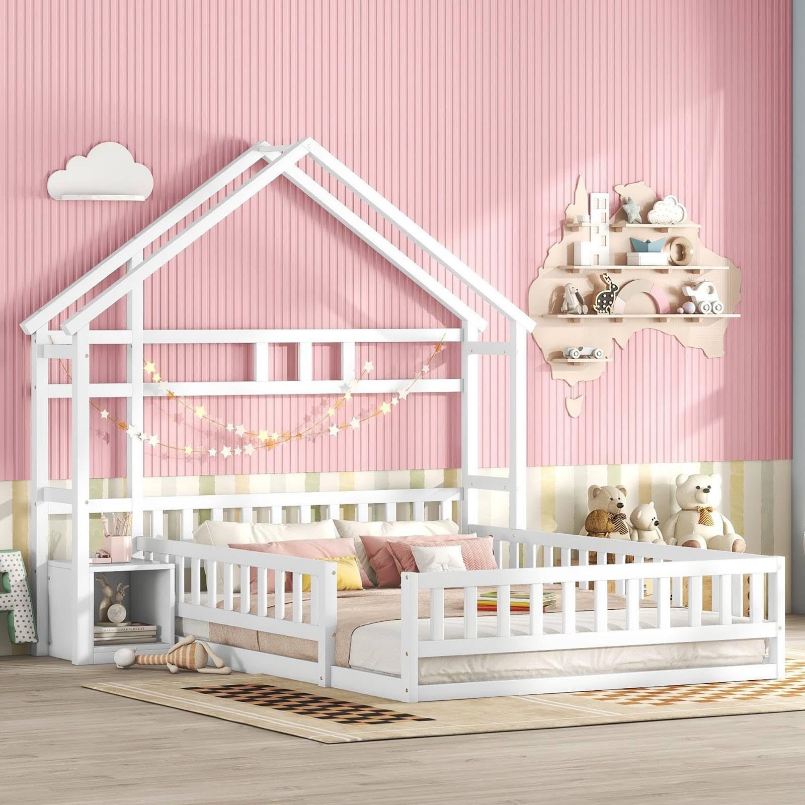 KOMHTOM Cama infantil con mesita de noche, 140 x 200 cm, cama de casa con cercado, marco de cama, soporte para listones de madera, para niños, adolescentes (sin colchón)