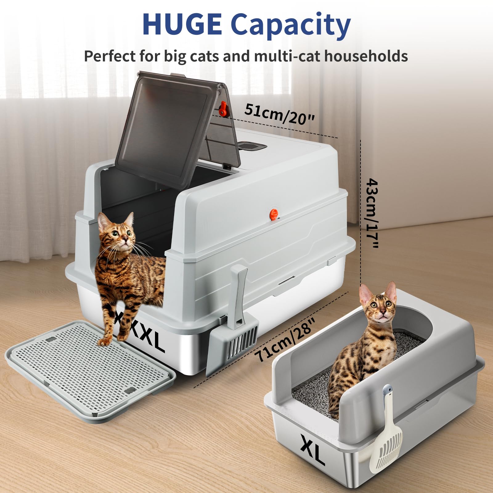 XXXL Stainless Steel Litter Box with Lid, Extra Large 28" L x 20" W x 17" H Enclosed Metal Cat Litter Box with Litter Scoop & Foot Pedal, Odor Control for Big Cats, Multiple Cats (Light Grey) - image 2
