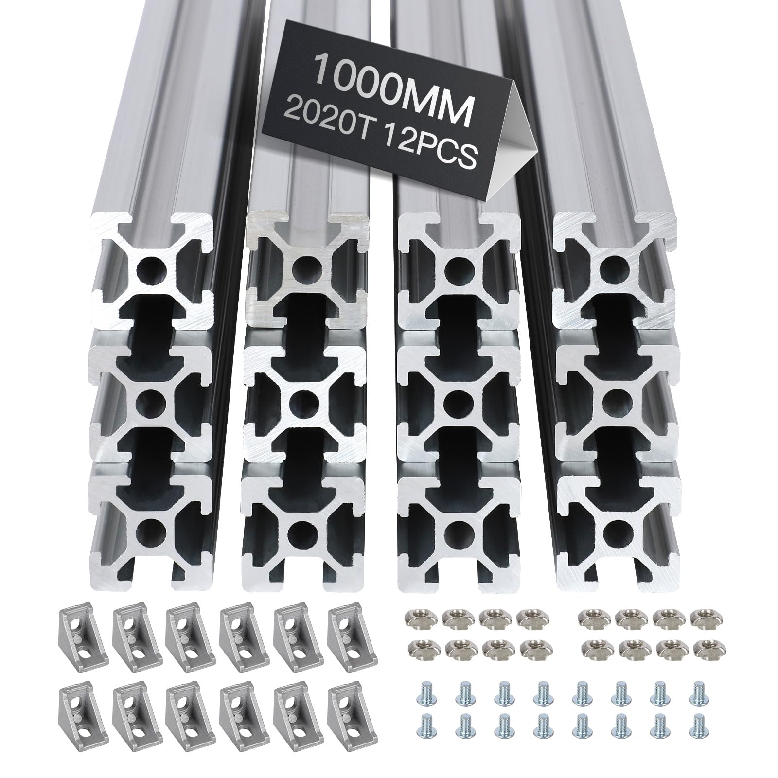 12pcs 1000mm T Slot 2020 Aluminum Extrusion European Standard Anodized Linear Rail for 3D Printer Parts and CNC DIY Silver
