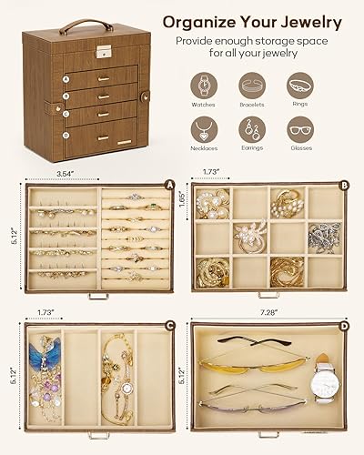 Miniatura 12 de Homde Regalos de Navidad de cuero sintético, enorme joyero, organizador de reloj con espejo, collar, anillo y aretes, estuche de regalo con Dorado