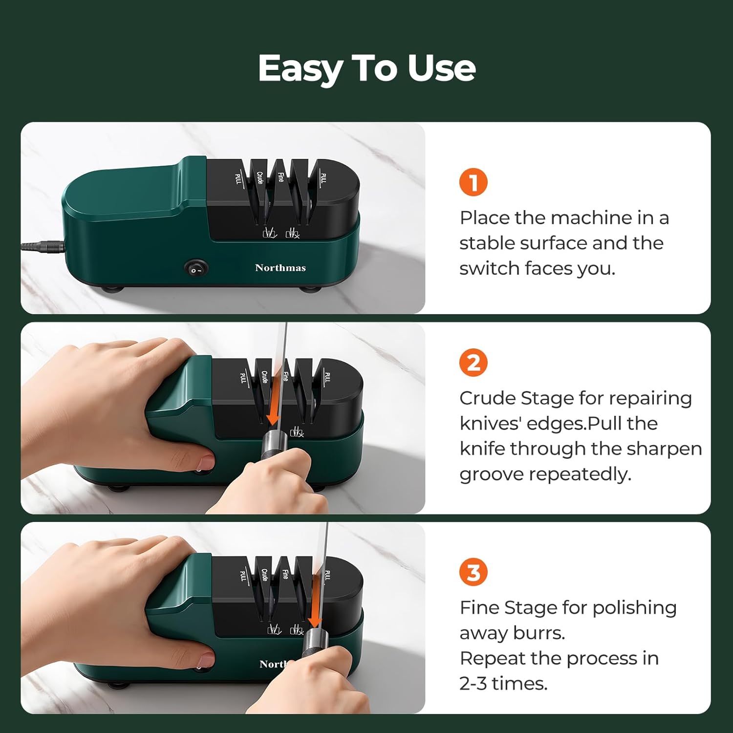 Three-step diagram showing how to use the electric knife sharpener: placing the machine, inserting the knife into the crude stage, and then the fine stage