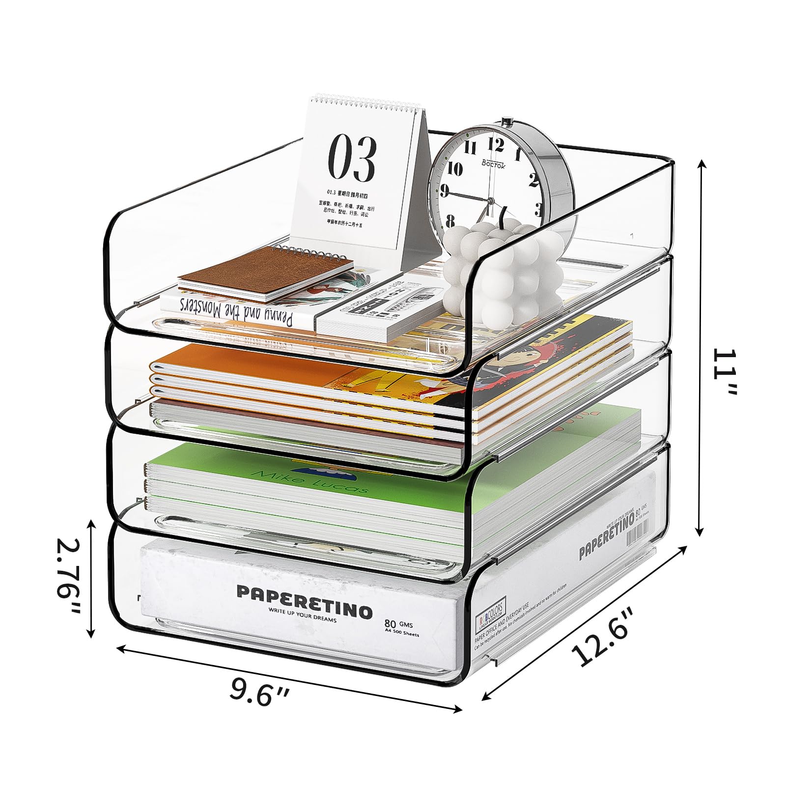 FANXIYQ Organizador de bandeja de papel acrílico de 4 niveles | Organizador de escritorio apilable transparente para documentos, cartas, papel A4 | Organización moderna de oficina/aula/hogar
