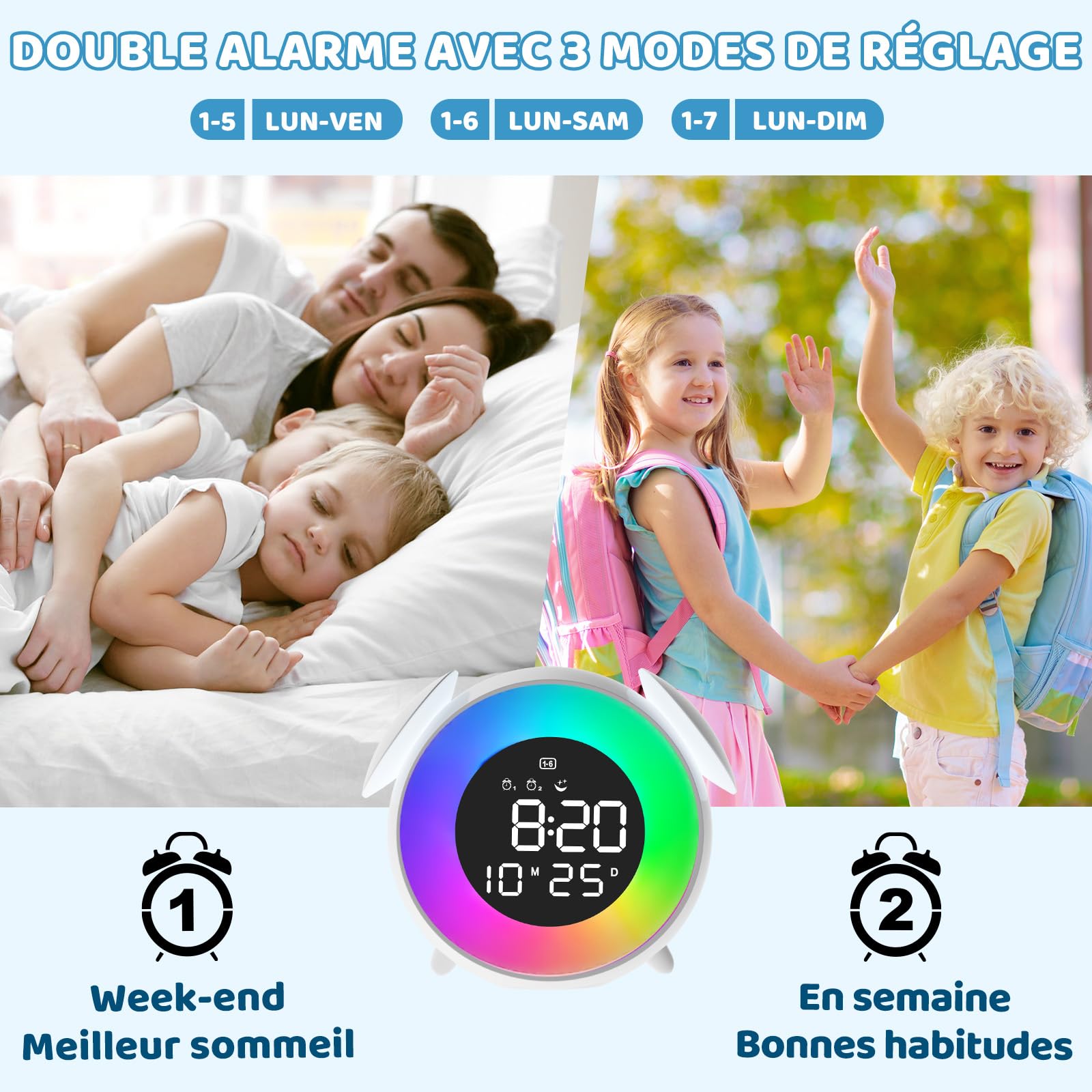 Reveil Enfant Numérique, Réveil Enfant Educatif Jour/Nuit, LED Horloge Digitale avec Snooze, 2 Alarmes, 10 Couleur lumières, 7 Sonneries, 12/24H, Lumière d'Éveil/Coucher Soleil