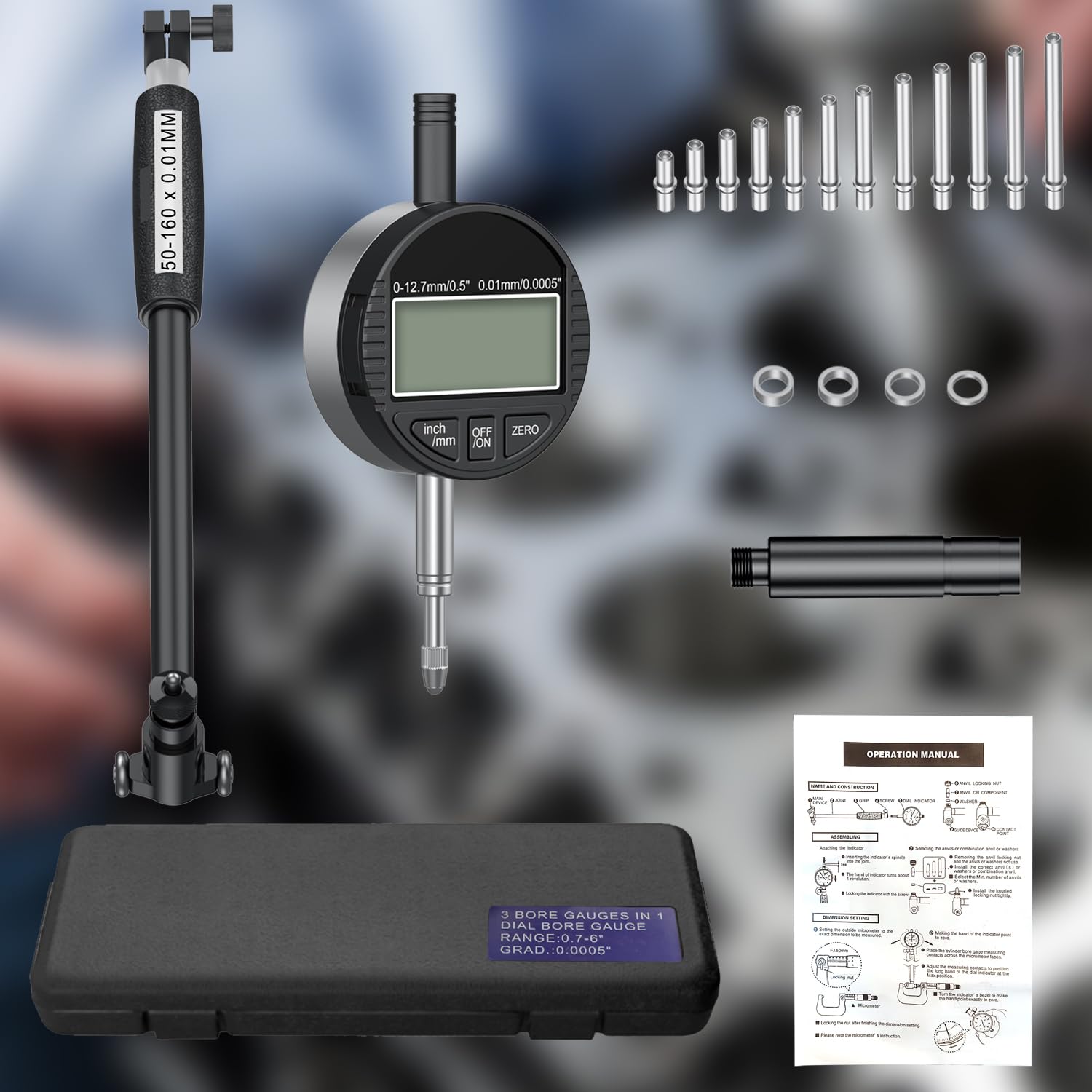 Digital Bohrungslehre Messuhr Set 50-160 mm, Bohrungsmessgerät Messuhr Präzision 0,01 mm, Innendurchmesser Metrisch/Zoll Anzeige mit 12 Messspitzen für Formabweichungen （Schwarz）