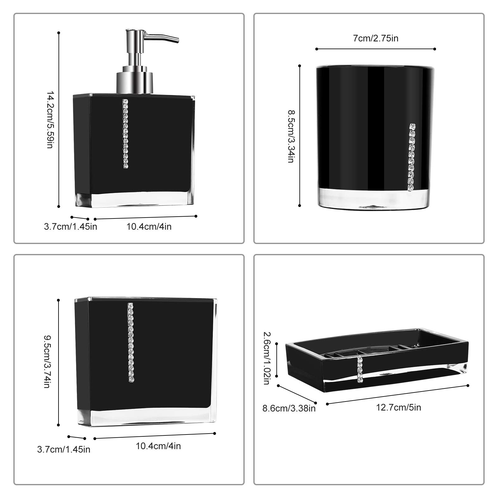 Cocoarm Ensemble d'Accessoires de Salle de Bain, 5 Pièces en Résine, Noir, Comprend Bouteilles de Lotion, Porte-Brosse à Dents, Tasse à Dents, Porte-Savon
